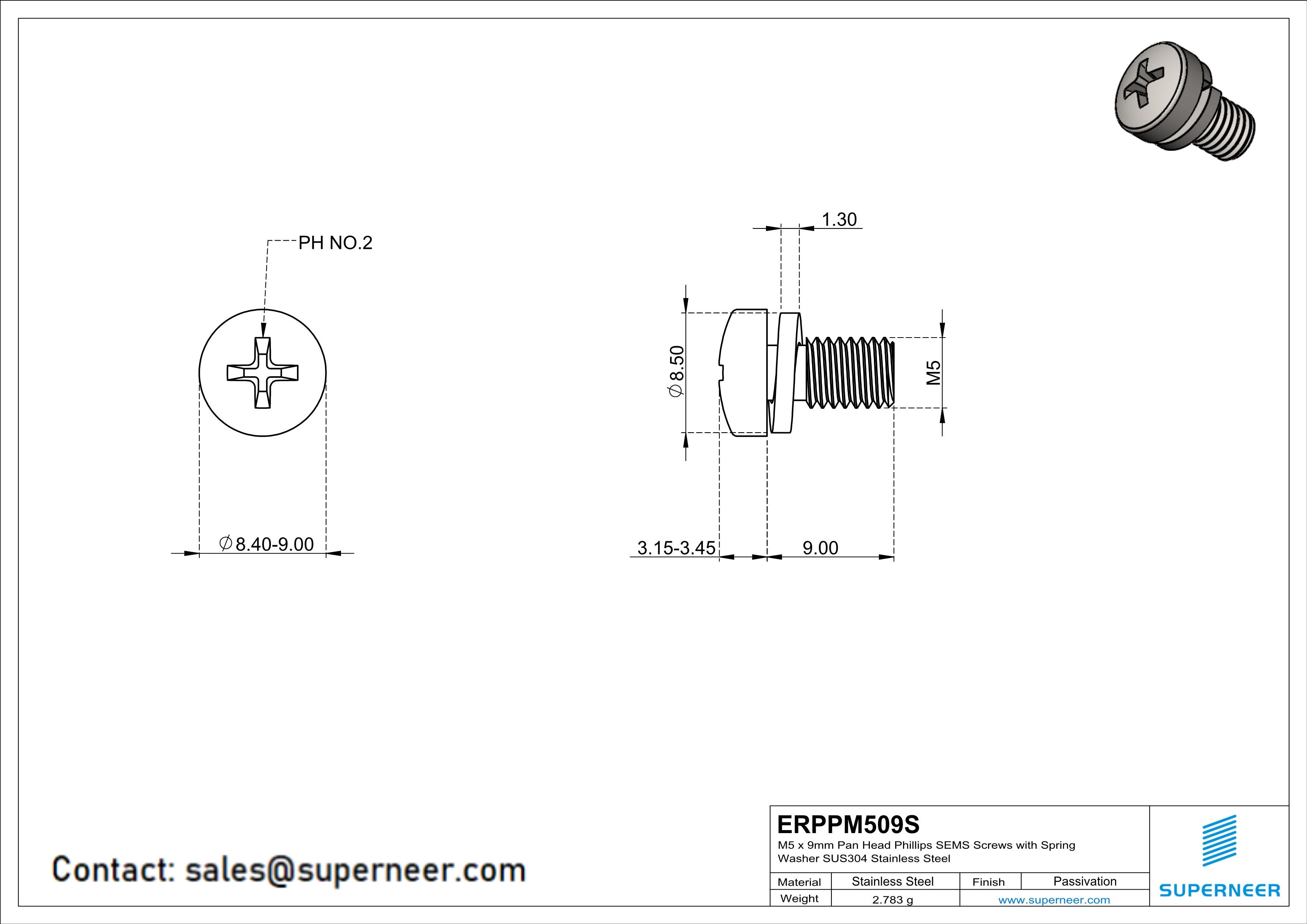 M5 x 9mm Pan Head Phillips SEMS Screws with Spring Washer SUS304 Stainless Steel Inox