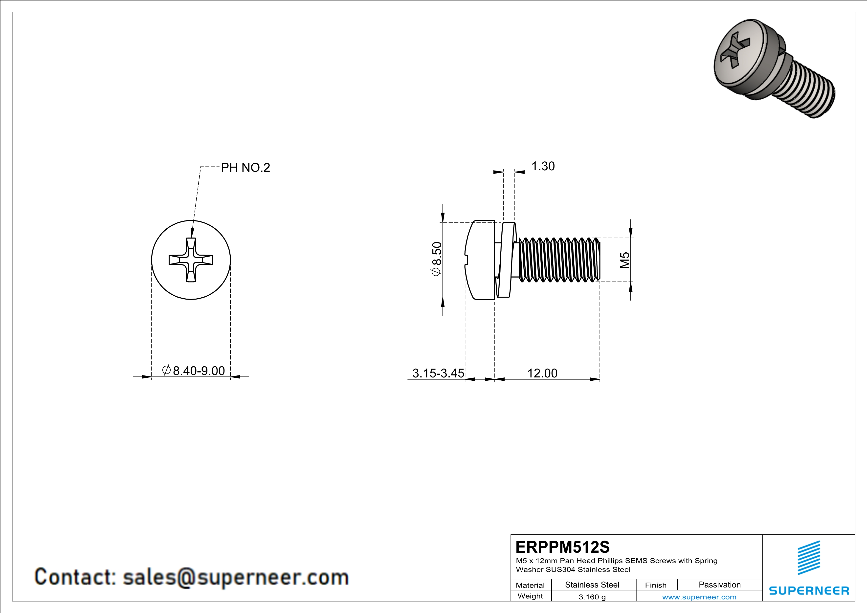 M5 x 12mm Pan Head Phillips SEMS Screws with Spring Washer SUS304 Stainless Steel Inox