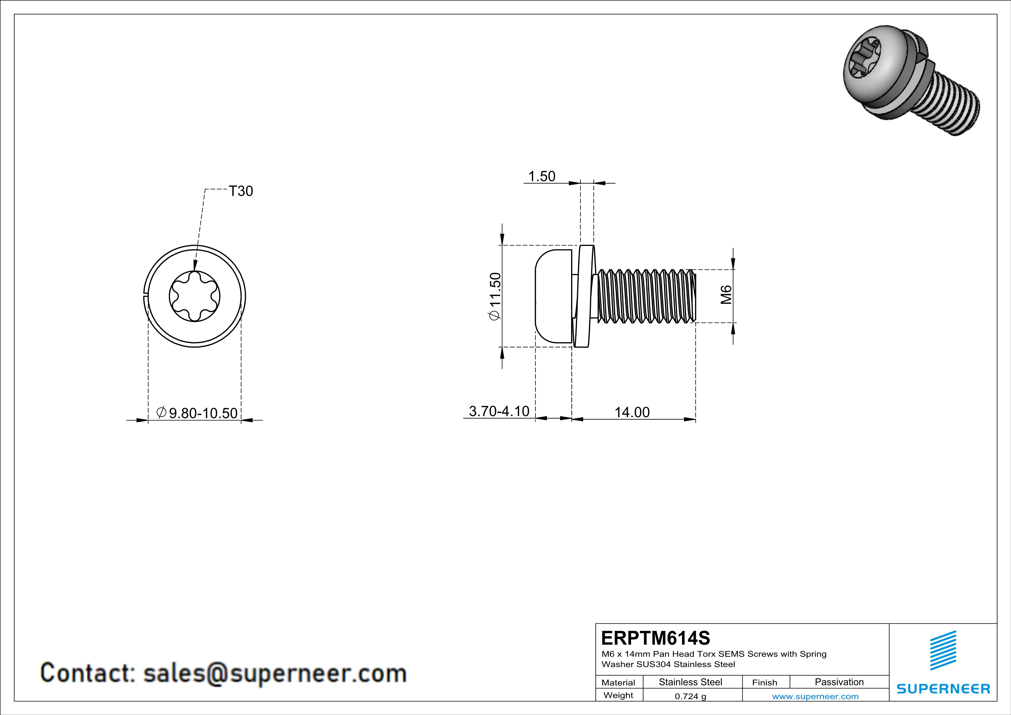 M6 x 14mm Pan Head Torx SEMS Screws with Spring Washer SUS304 Stainless Steel Inox