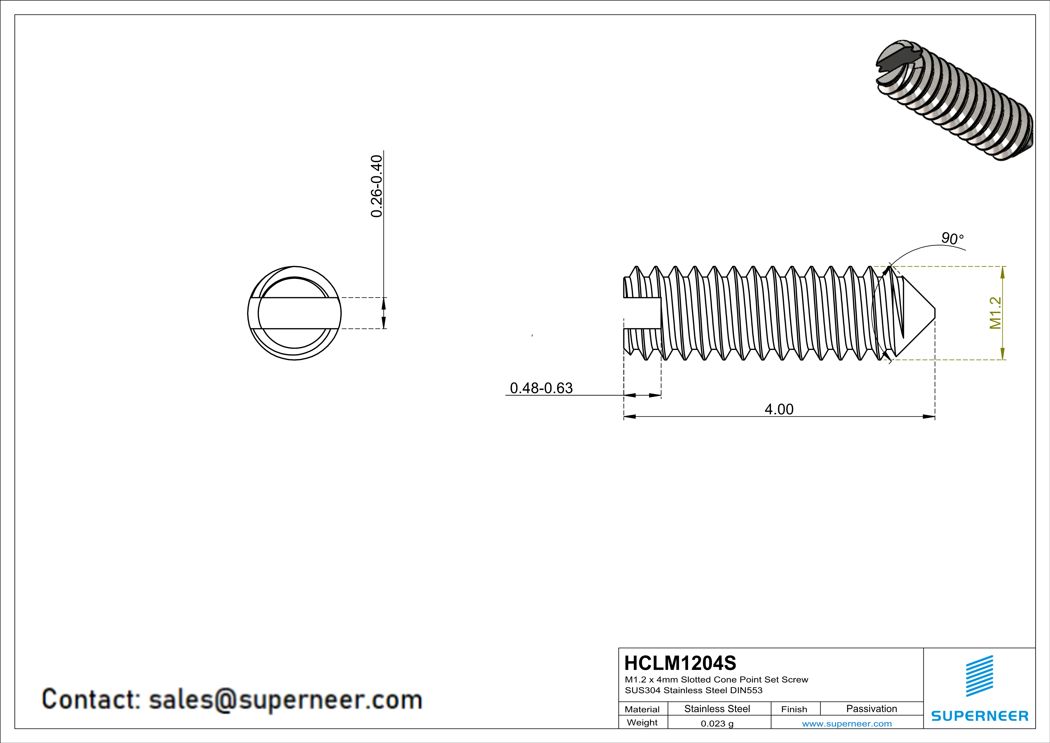 M1.2 x 4mm Slotted Cone Point Set Screw SUS304 Stainless Steel Inox DIN553