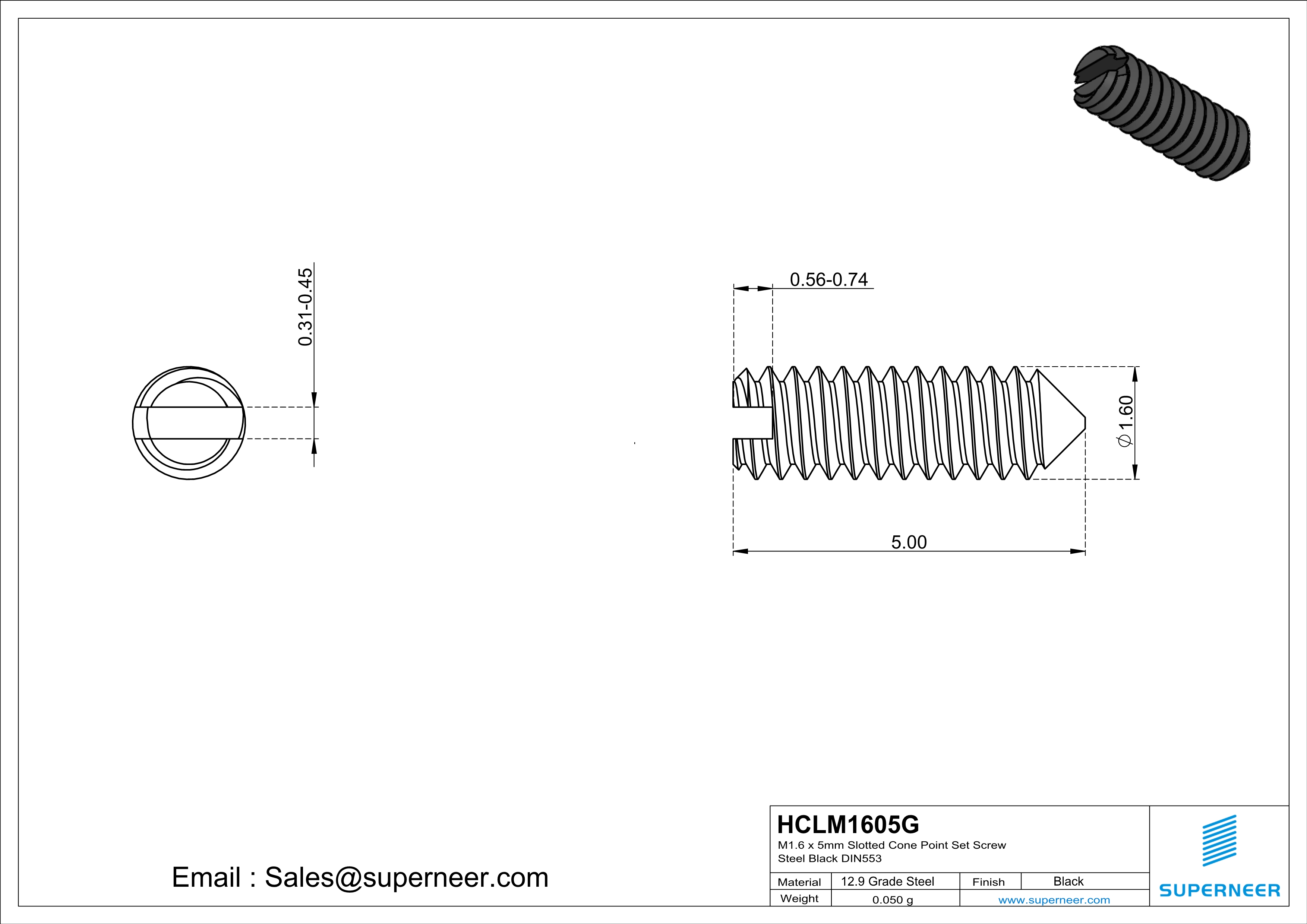 M1.6 x 5mm Slotted Cone Point Set Screw 12.9 Carbon Steel Black DIN553