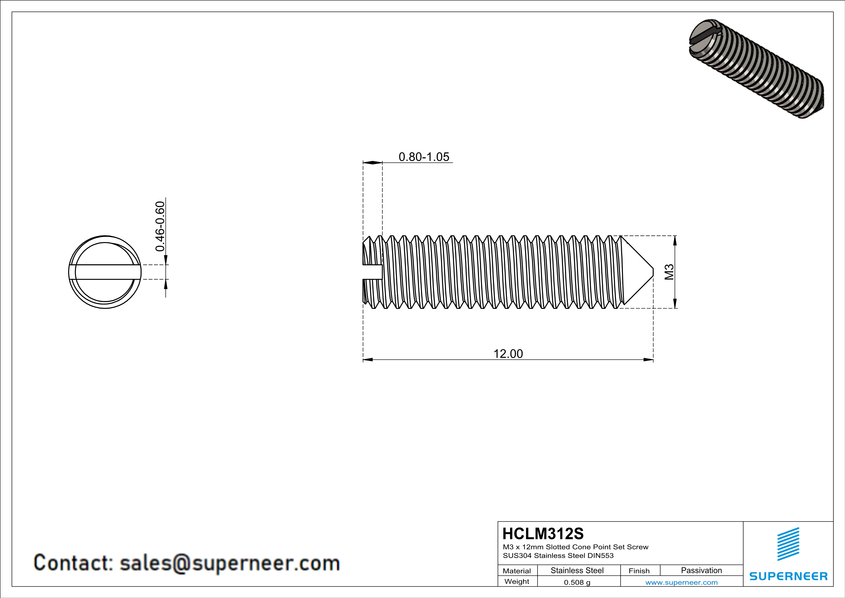 M3 x 12mm Slotted Cone Point Set Screw SUS304 Stainless Steel Inox DIN553
