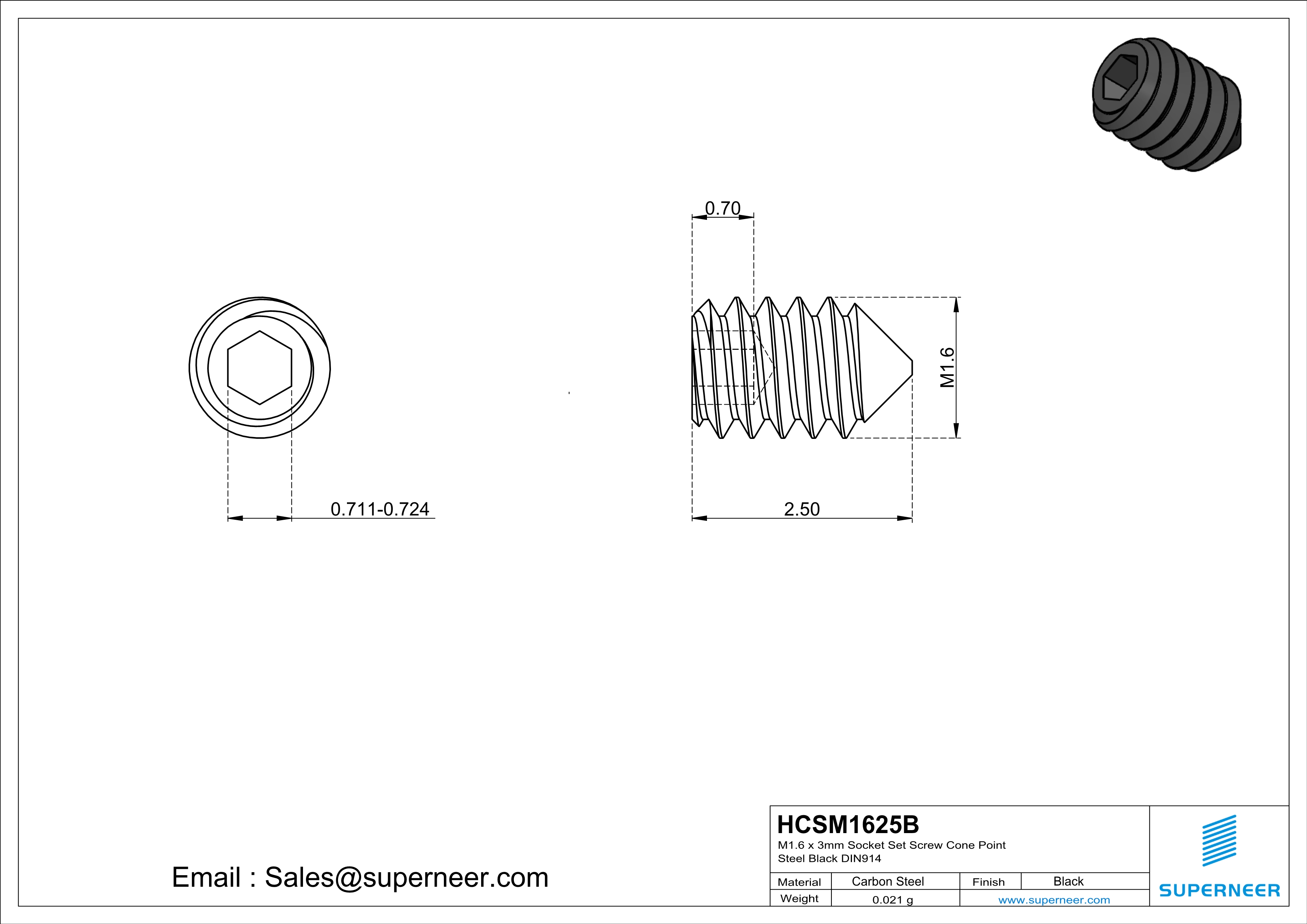 M1.6 x 2.5mm Socket Set Screw Cone Point Steel Black DIN914