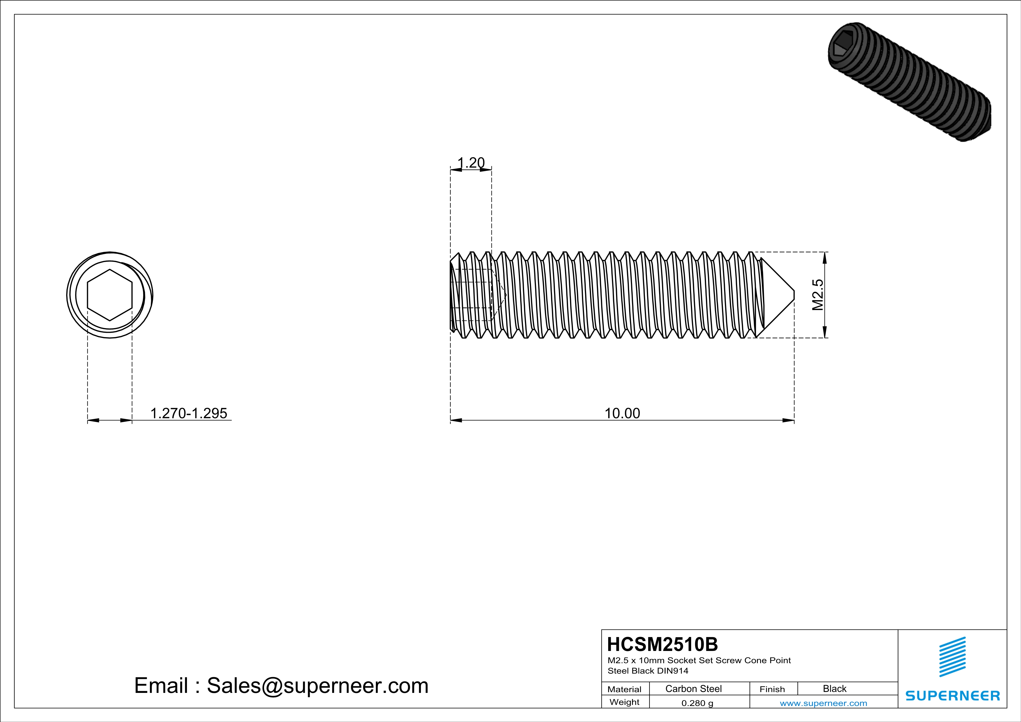 M2.5 x 10mm Socket Set Screw Cone Point Steel Black DIN914