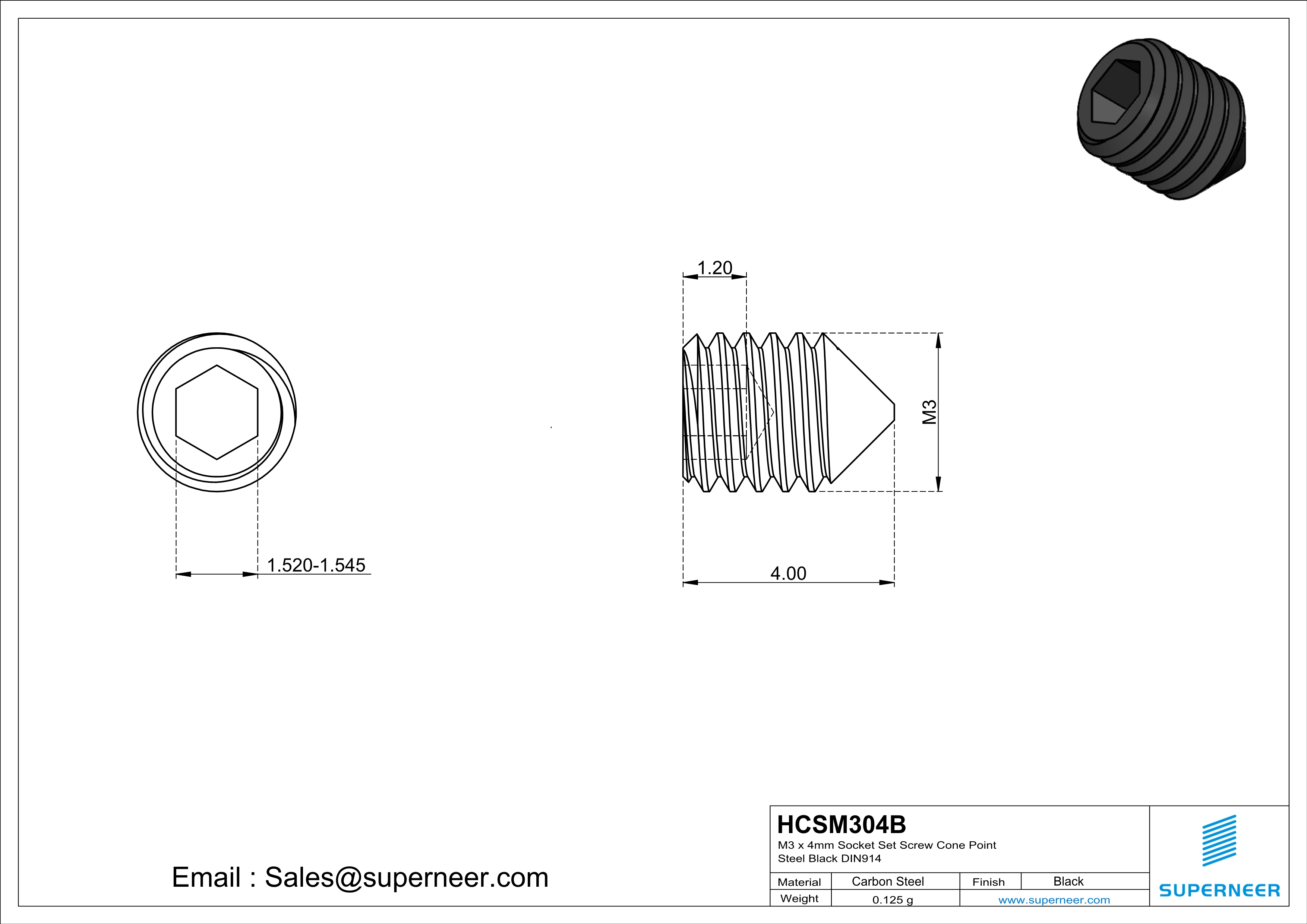 M3 x 4mm Socket Set Screw Cone Point Steel Black DIN914