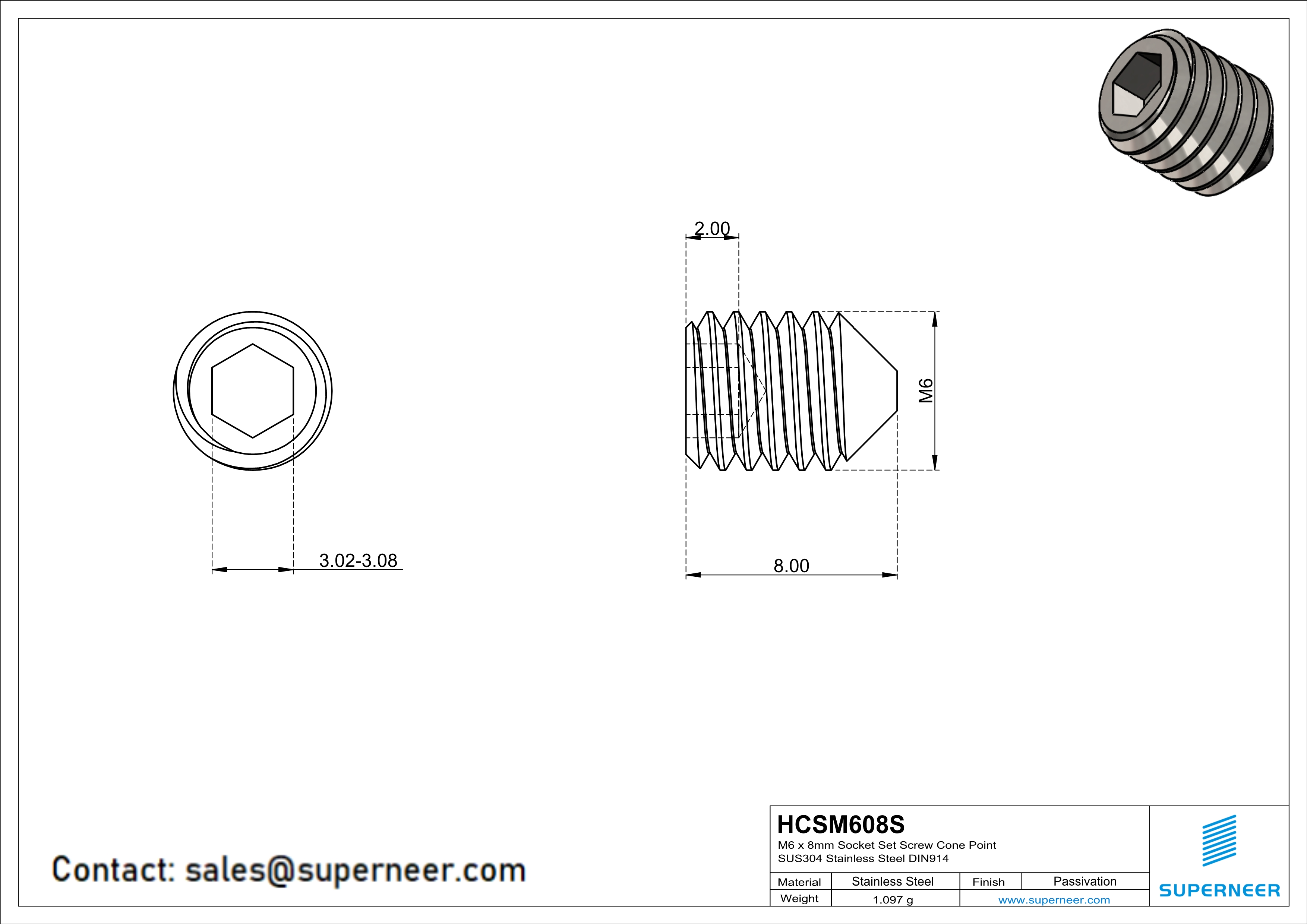 M6 x 8mm Socket Set Screw Cone Point SUS304 Stainless Steel Inox DIN914