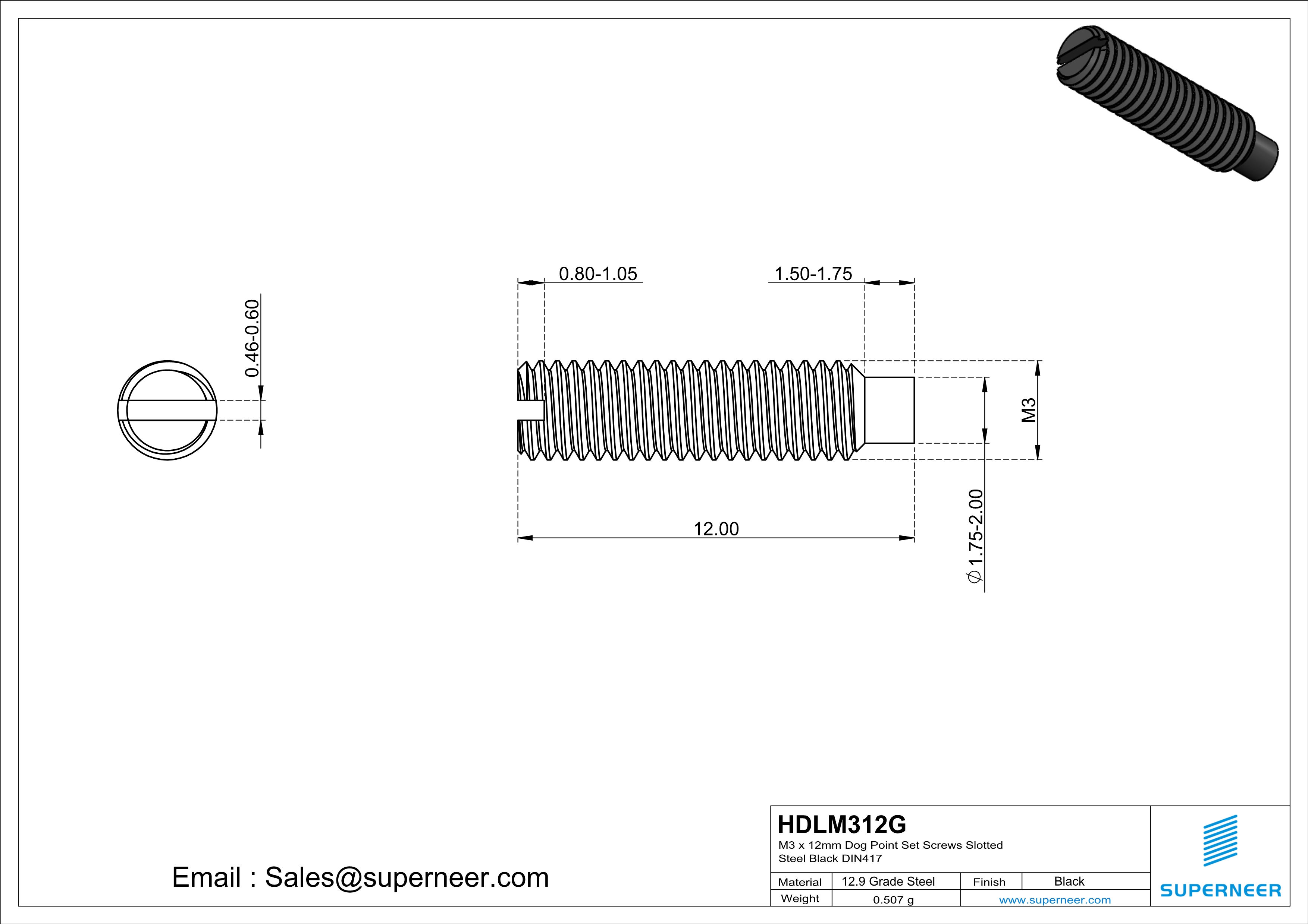 M3 x 12mm Dog Point Set Screws Slotted 12.9 Carbon Steel Black DIN417