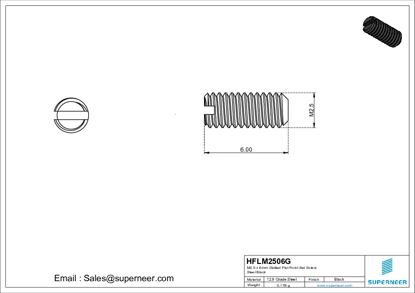 M2 x 6mm Slotted Flat Point Set Screw 12.9 Carbon Steel Black 