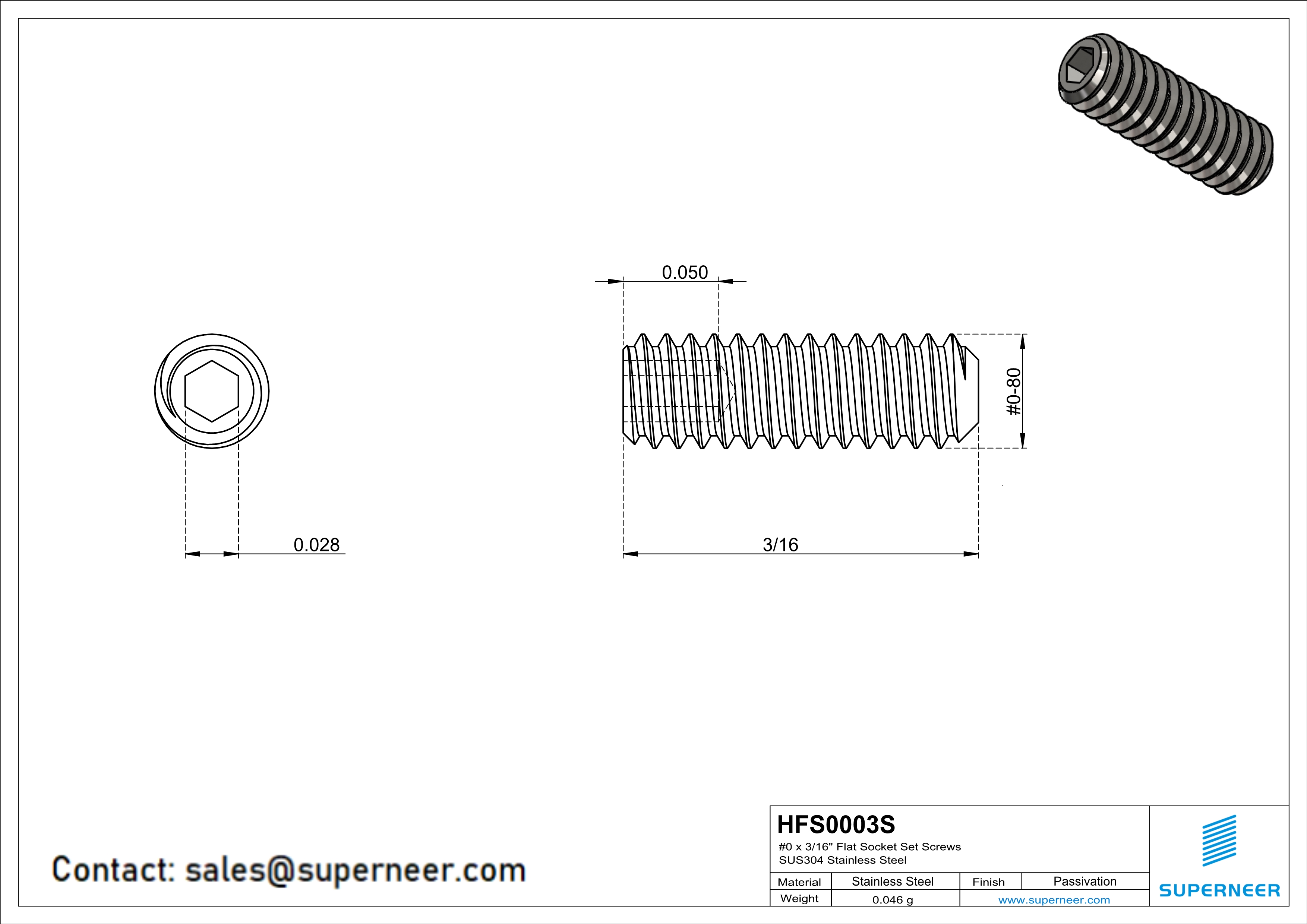 0 x 3/16" Flat Socket Set Screws SUS304 Stainless Steel Inox