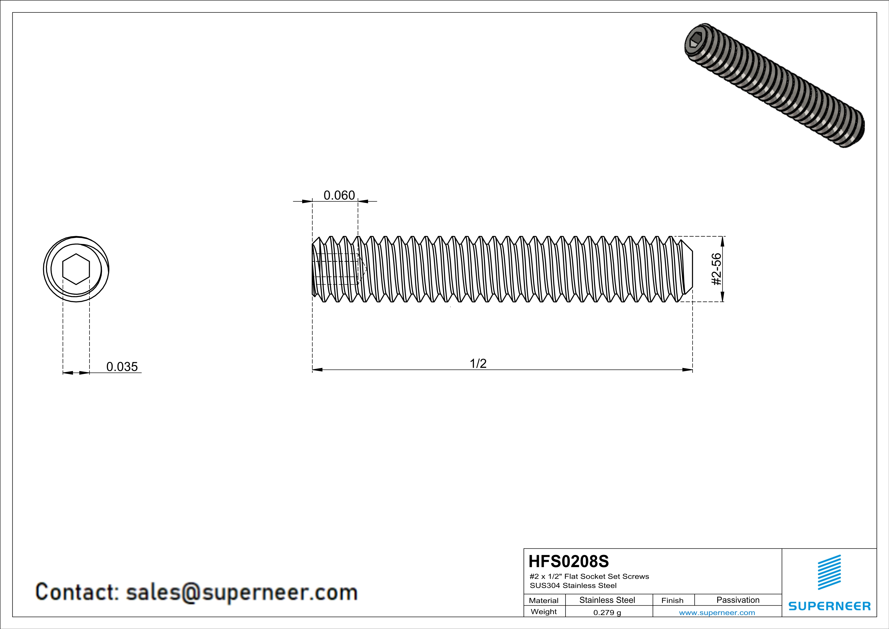 2 x 1/2" Flat Socket Set Screws SUS304 Stainless Steel Inox