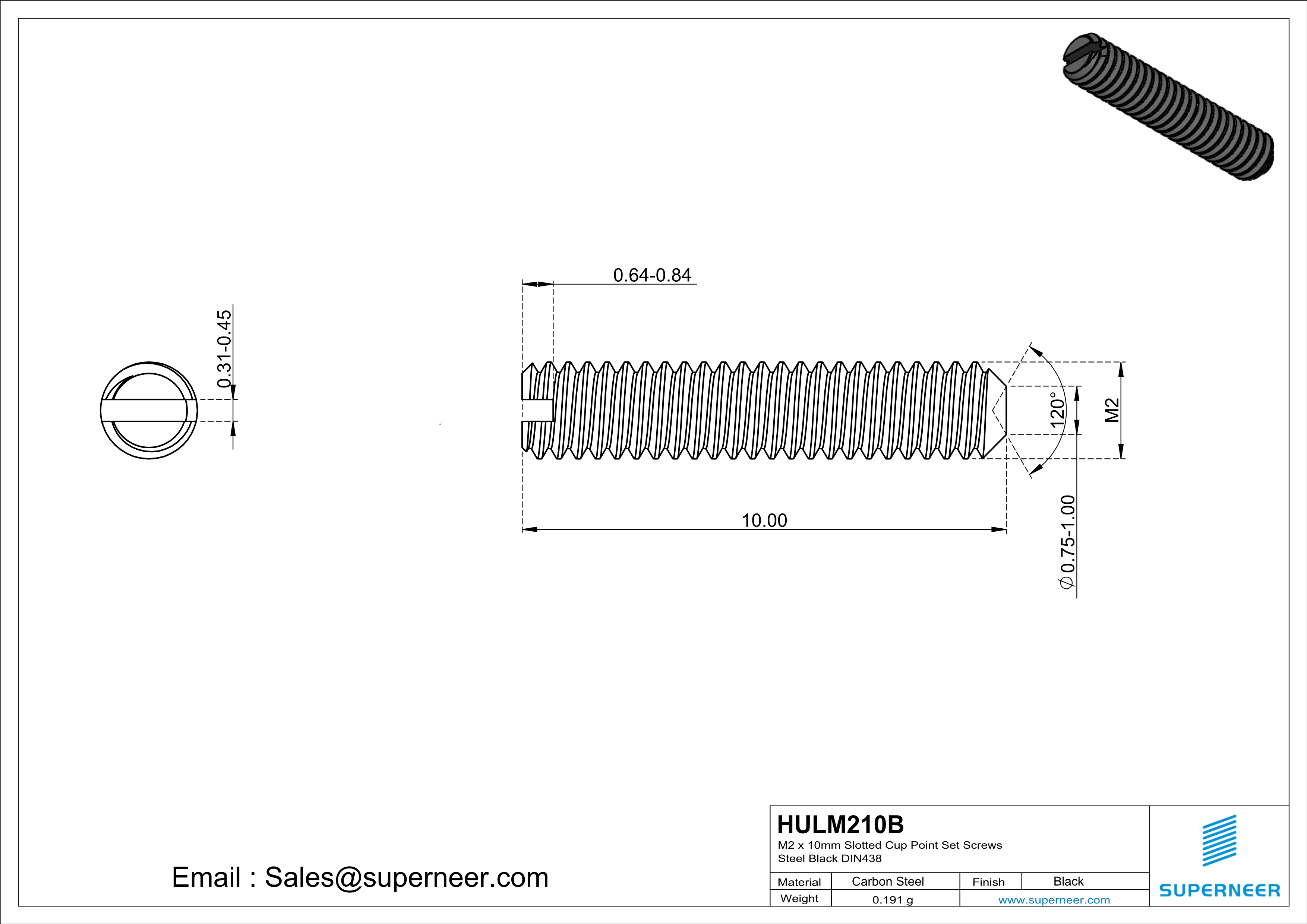 M2 x 10mm Slotted Cup Point Set Screws Steel Black DIN438