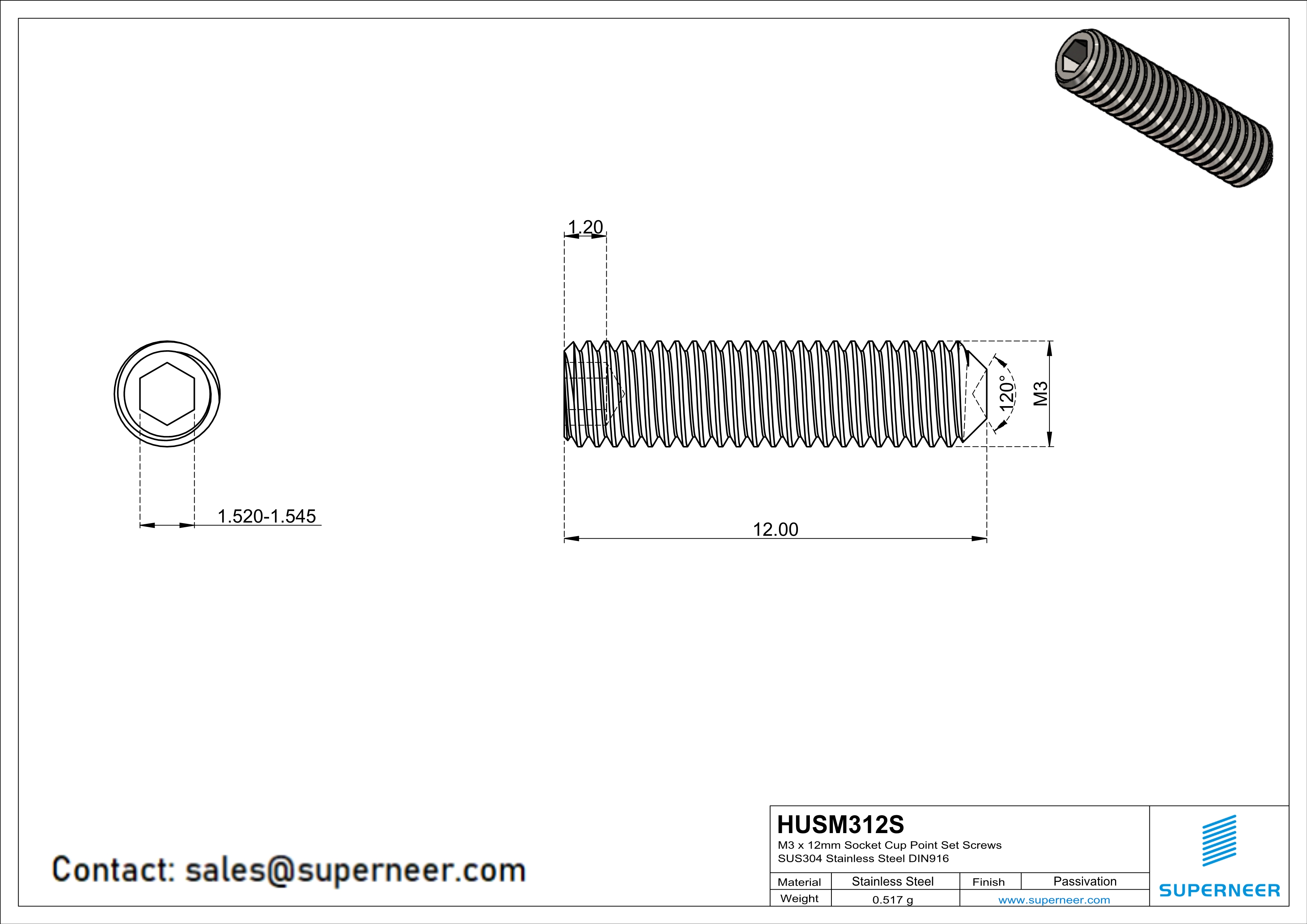 M3 x 12mm Socket Cup Point Set Screws SUS304 Stainless Steel Inox DIN916