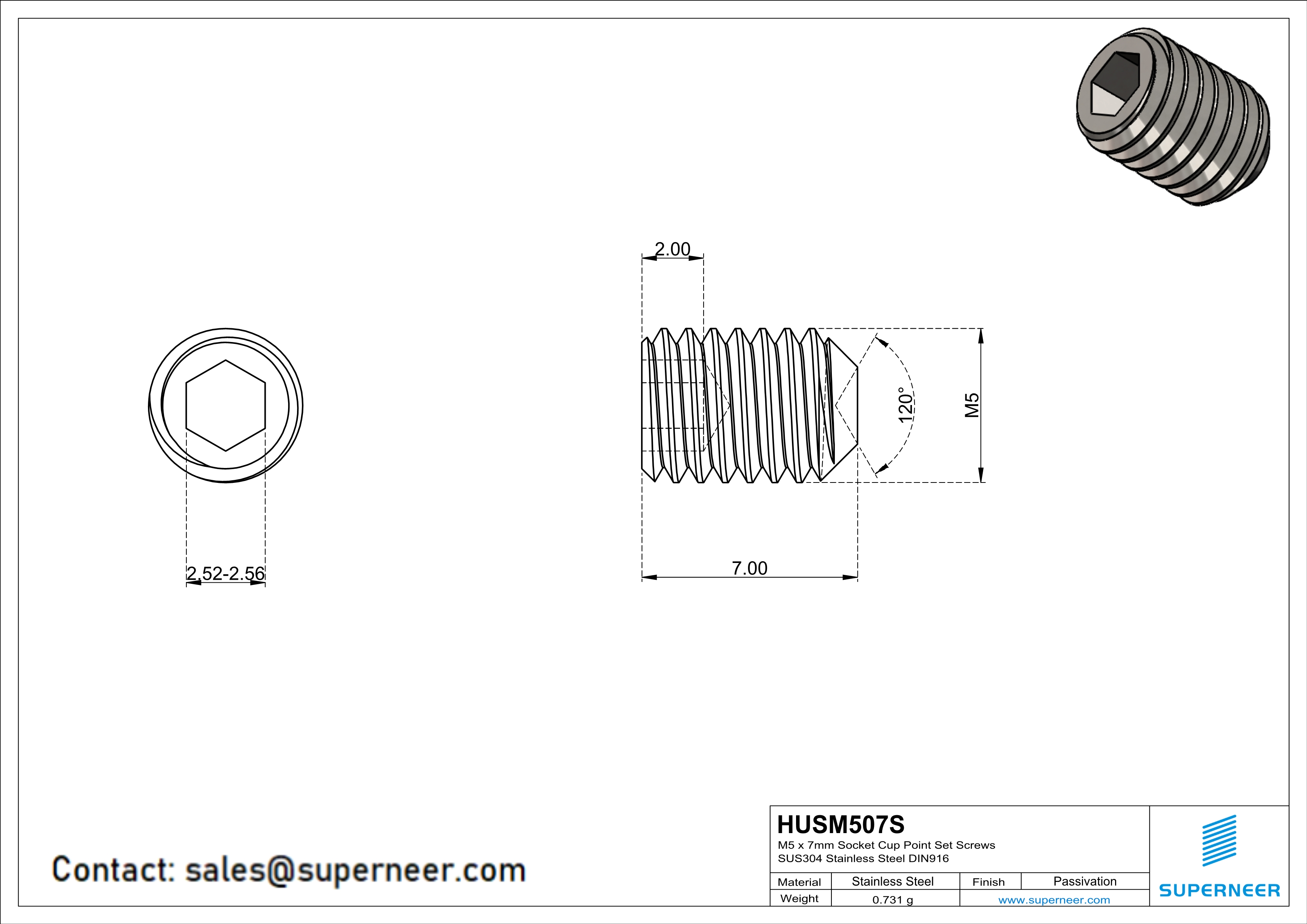 M5 x 7mm Socket Cup Point Set Screws SUS304 Stainless Steel Inox DIN916