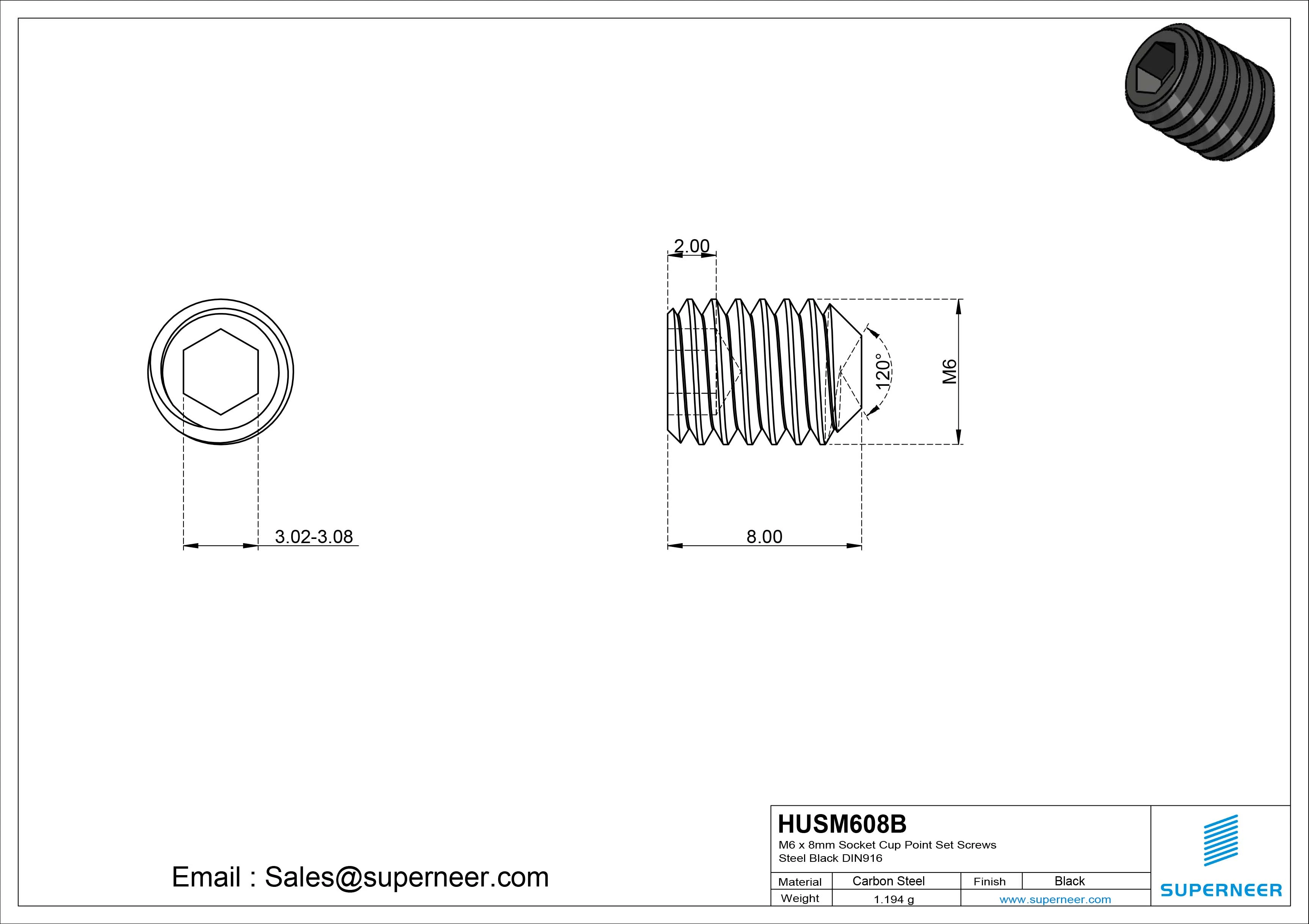 M6 x 8mm Socket Cup Point Set Screws Steel Black DIN916