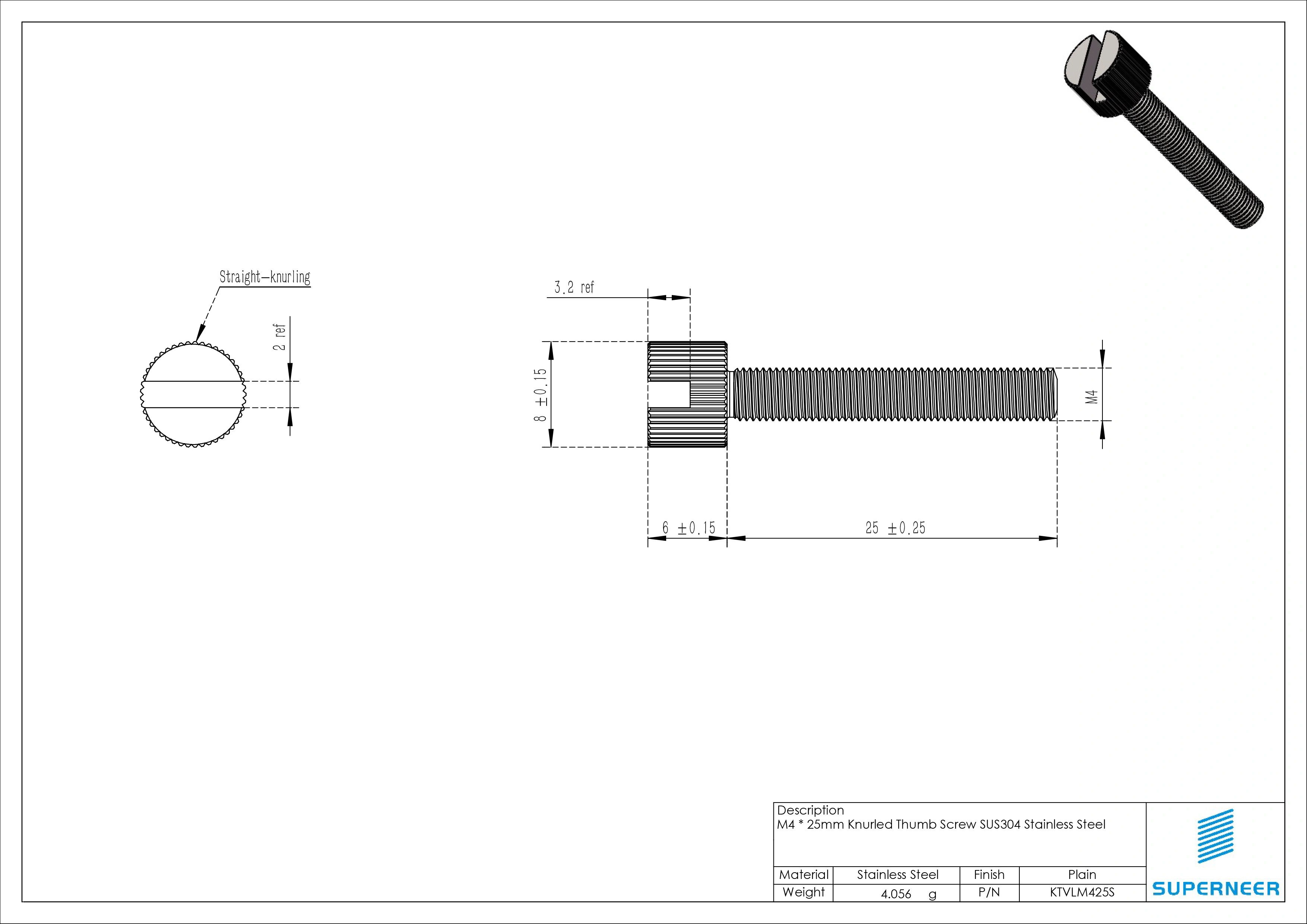 M4 x 25mm Coin Slotted Knurled Thumb Screws SUS303 Stainless Steel