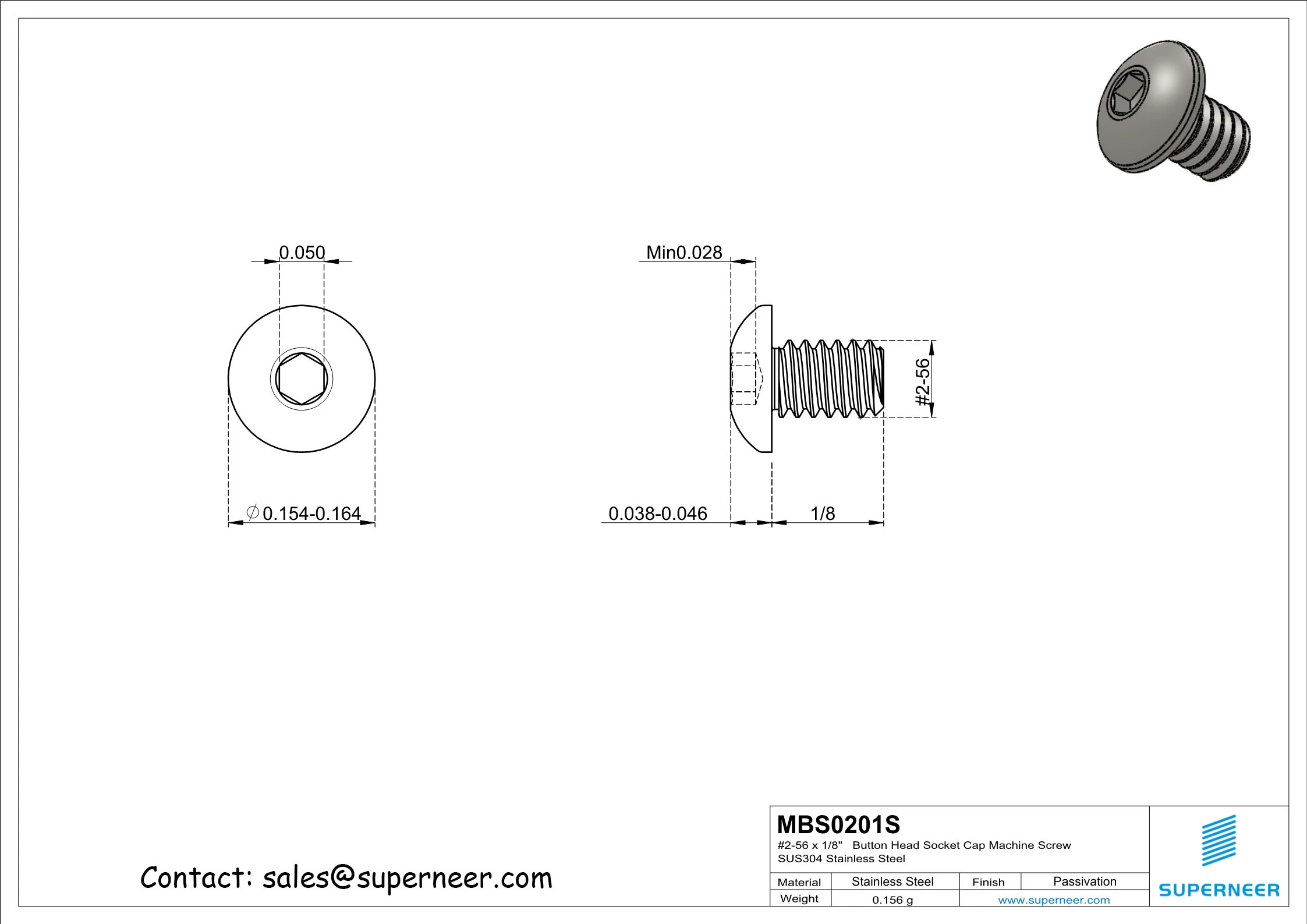 2-56 x 1/8"   Button Head Socket Cap Machine Screw SUS304 Stainless Steel Inox