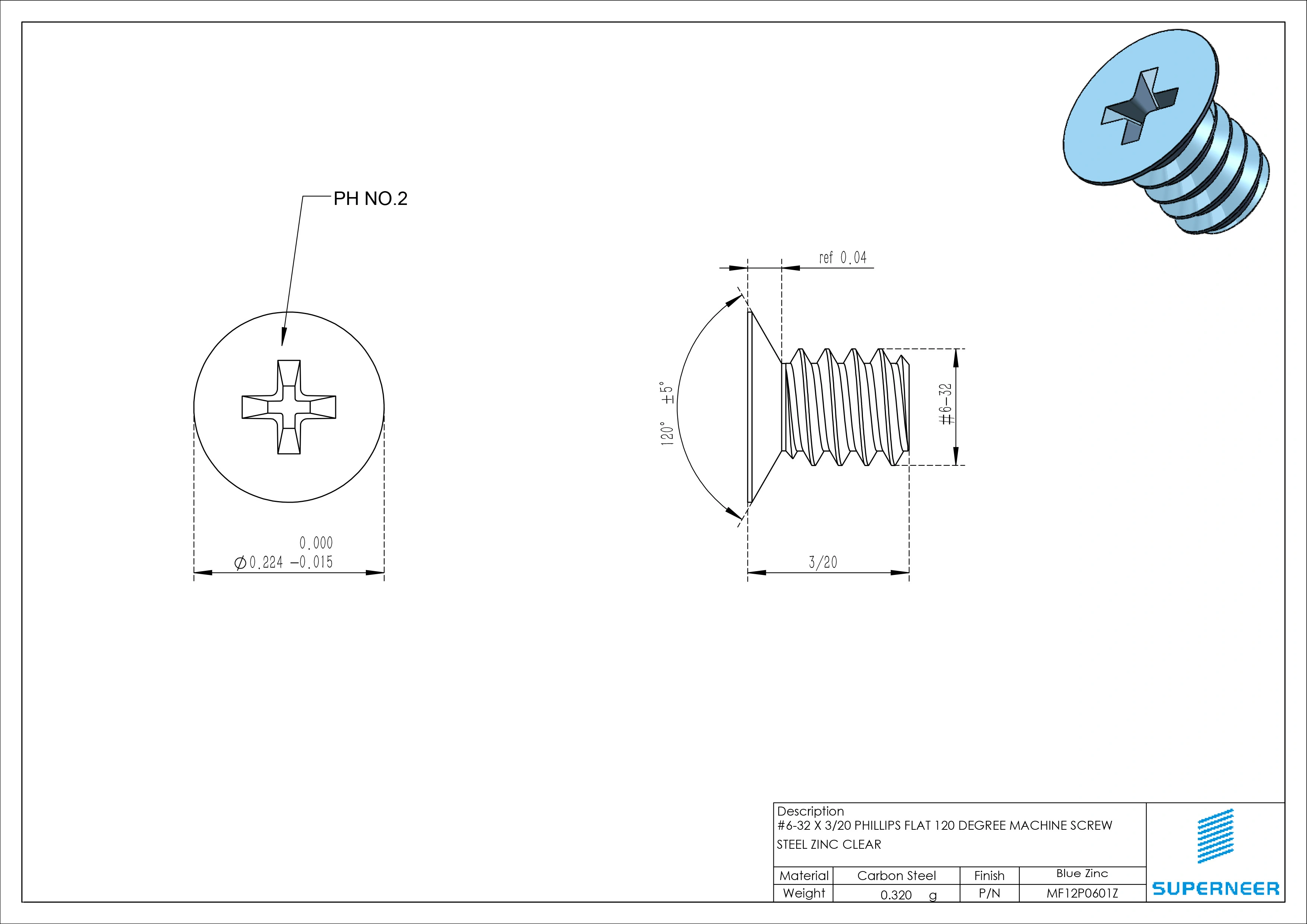 6-32 x 3/20 inch Flat Head 120° Phillips Machine Screw Steel Blue Zinc Plated