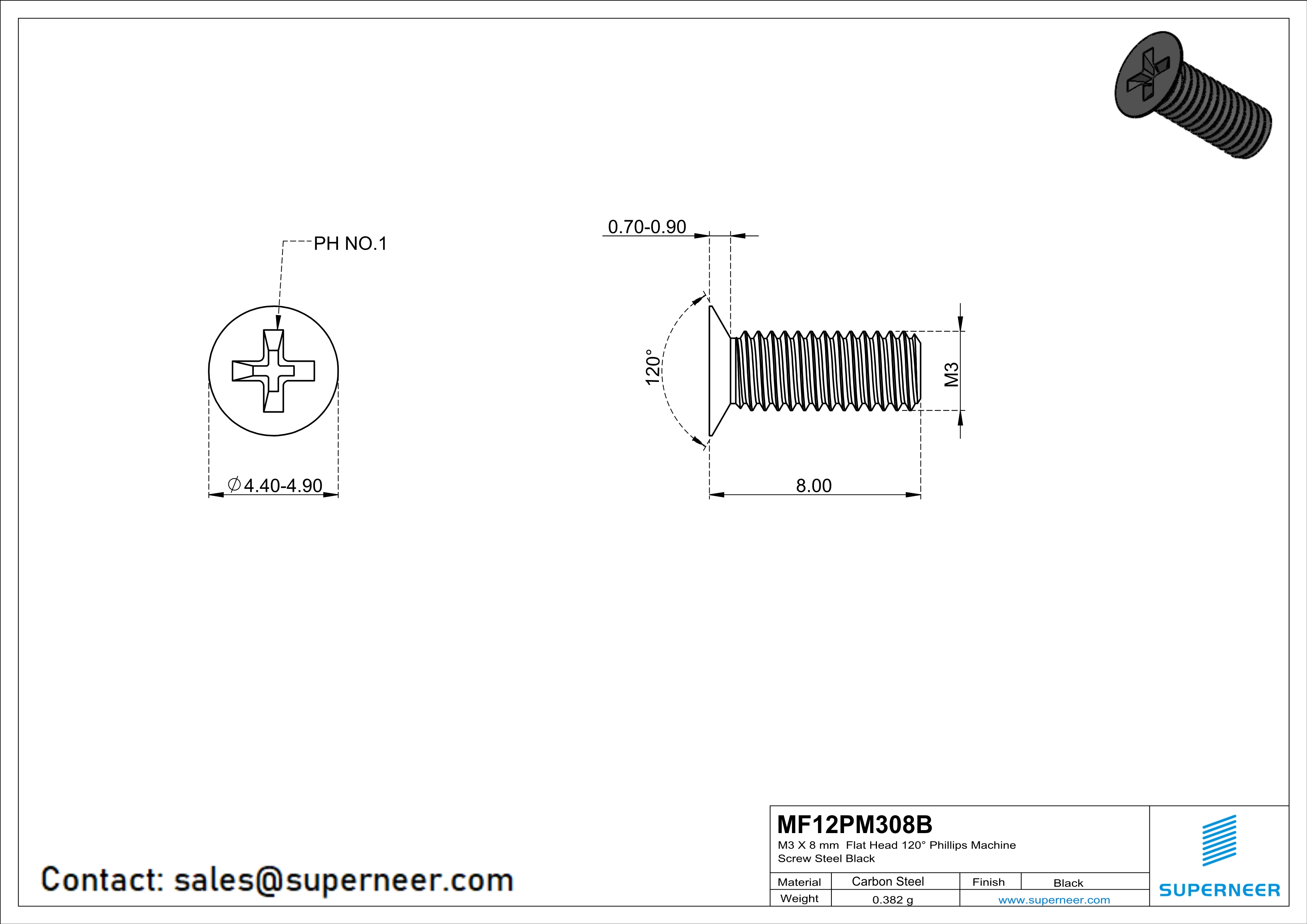 M3 x 8 mm Flat Head 120° Phillips Machine Screw Steel Black