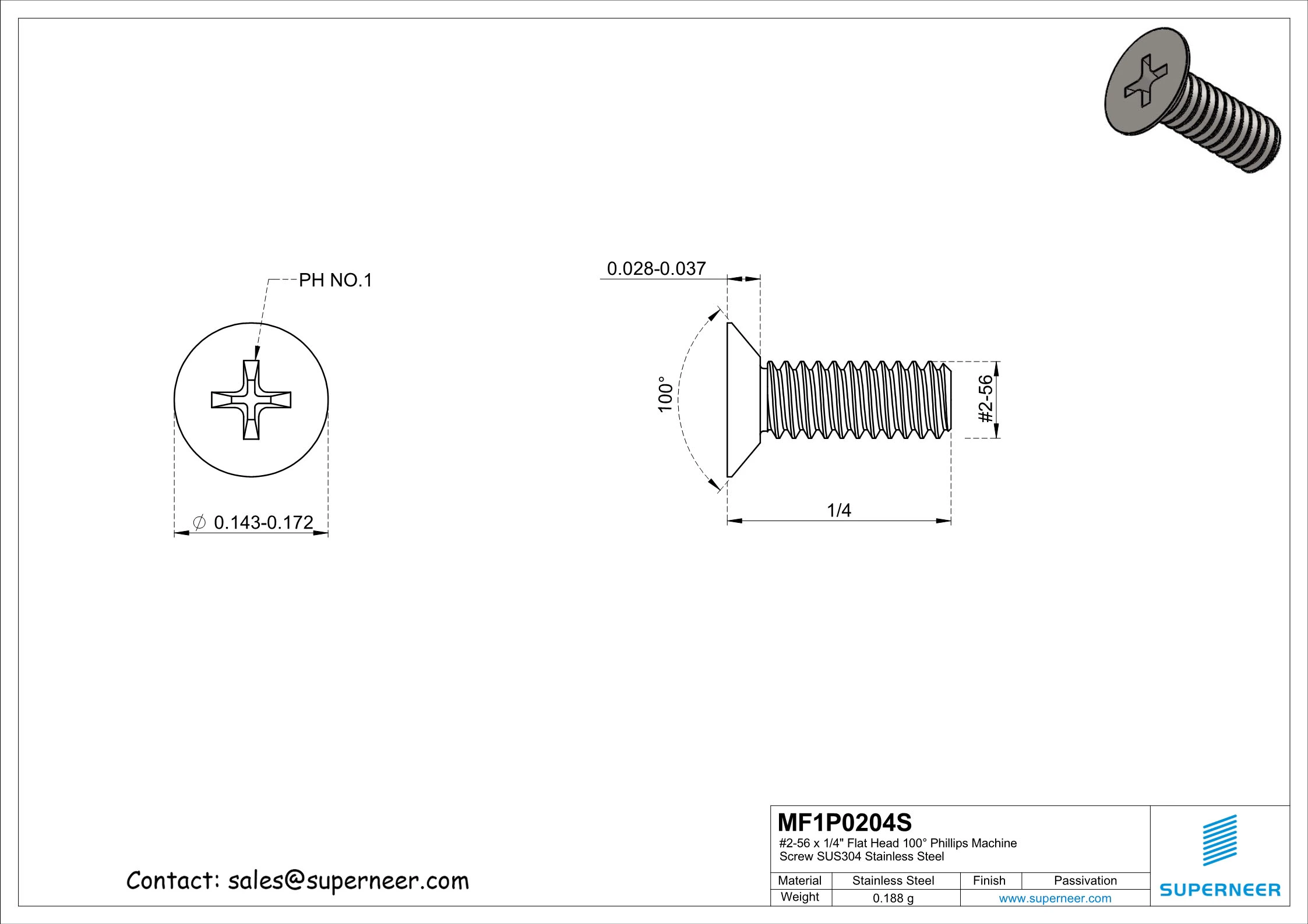 2-56 x 1/4" Flat Head 100° Phillips Machine Screw SUS304 Stainless Steel Inox
