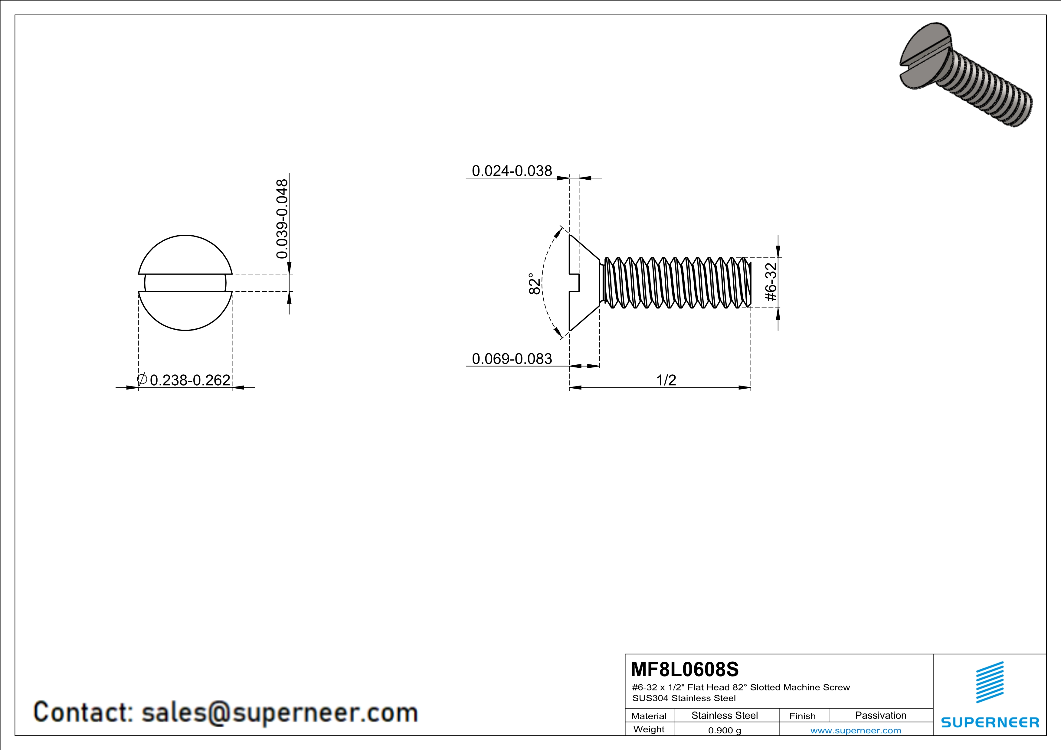 6-32 x 1/2" Flat Head 82° Slotted Machine Screw SUS304 Stainless Steel Inox