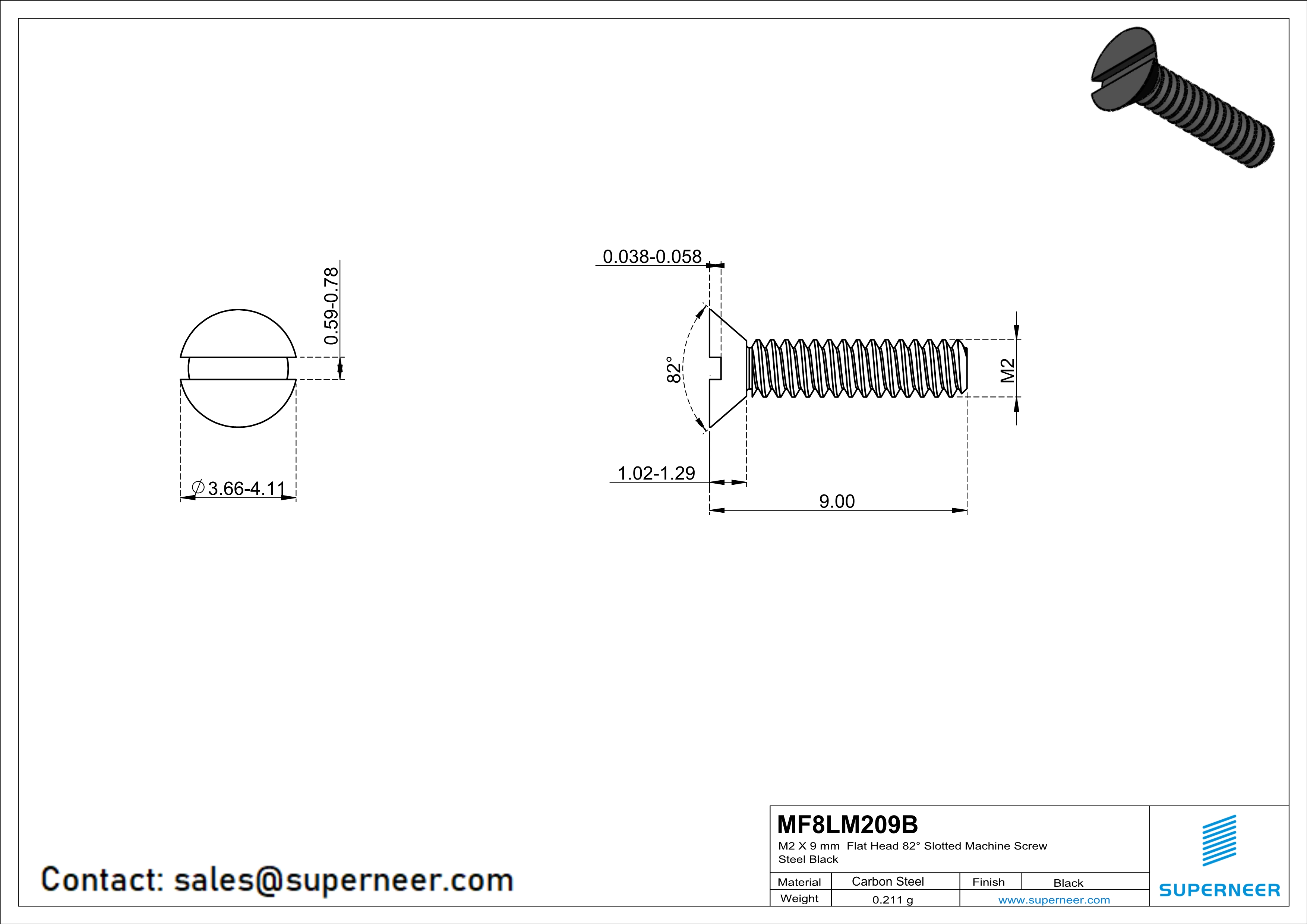 M2 x 9 mm Flat Head 82° Slotted Machine Screw Steel Black