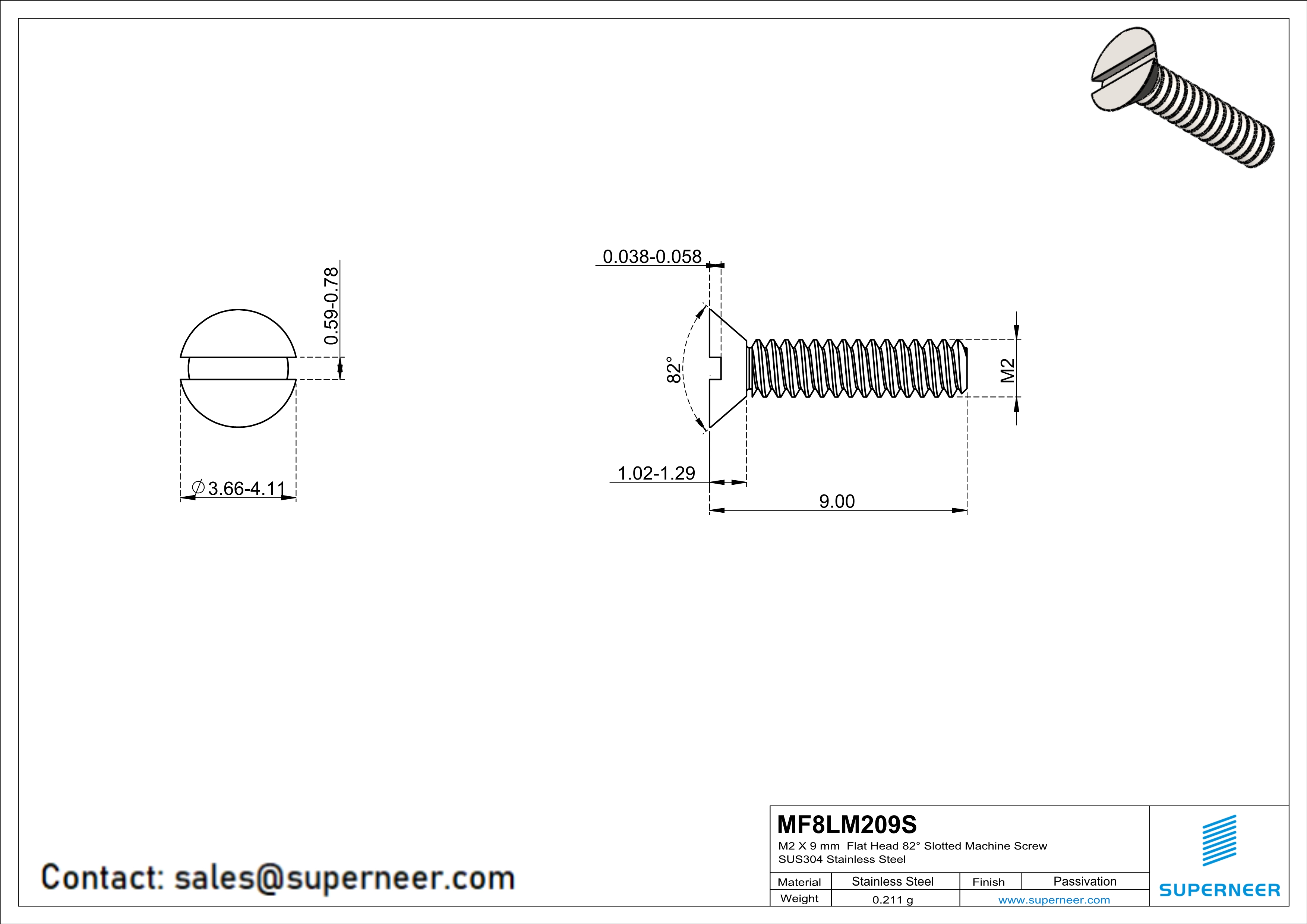 M2 x 9 mm  Flat Head 82° Slotted Machine Screw SUS304 Stainless Steel Inox