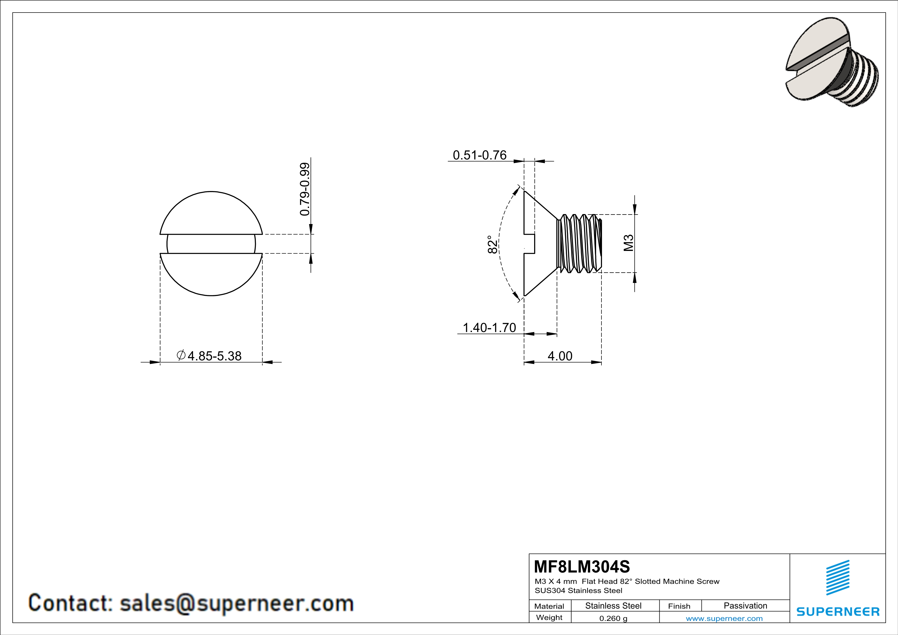 M3 x 4 mm  Flat Head 82° Slotted Machine Screw SUS304 Stainless Steel Inox