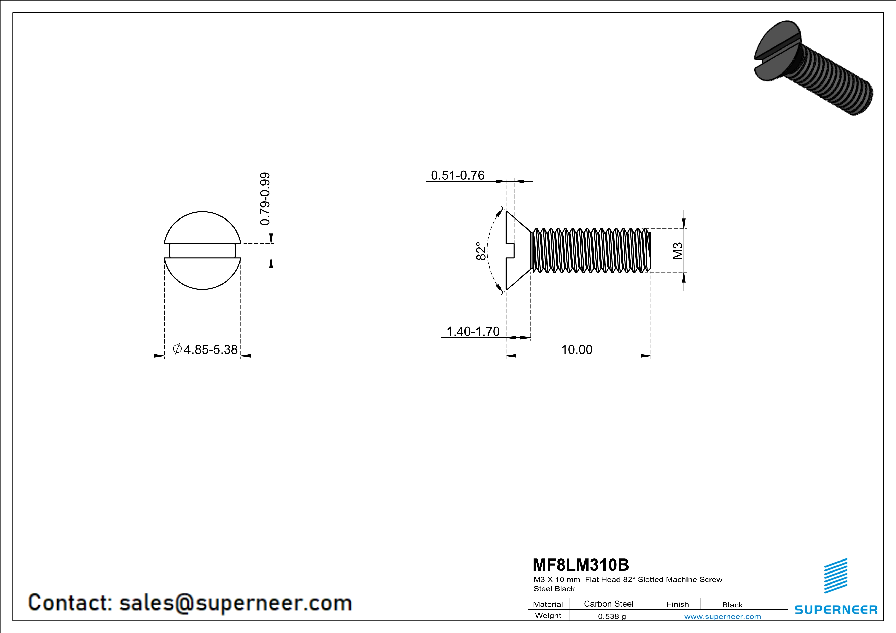 M3 x 10 mm Flat Head 82° Slotted Machine Screw Steel Black