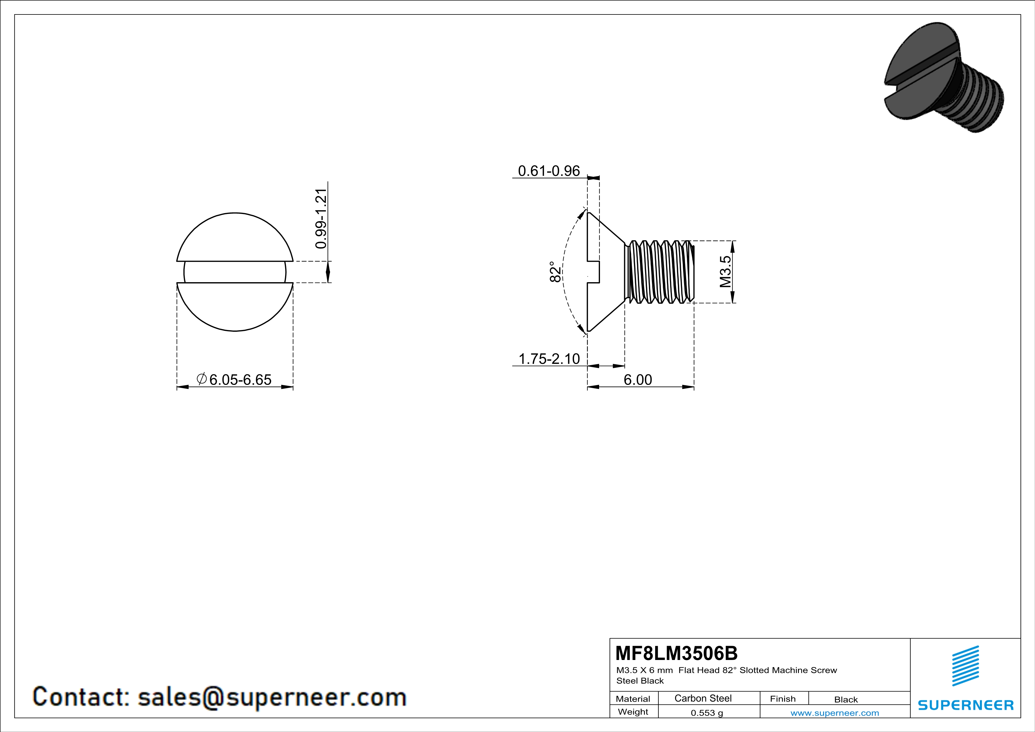 M3.5 x 6 mm Flat Head 82° Slotted Machine Screw Steel Black