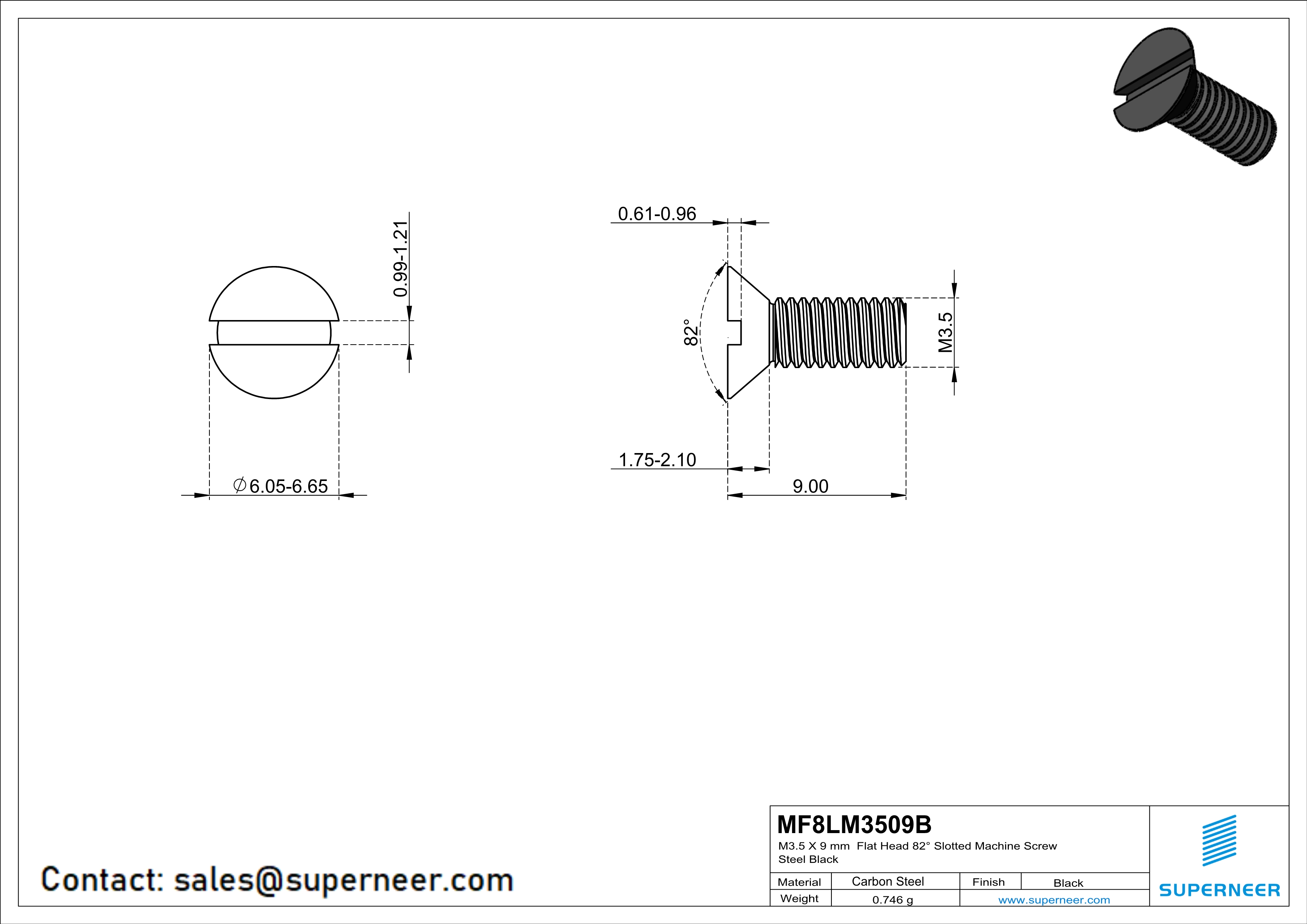 M3.5 x 9 mm Flat Head 82° Slotted Machine Screw Steel Black