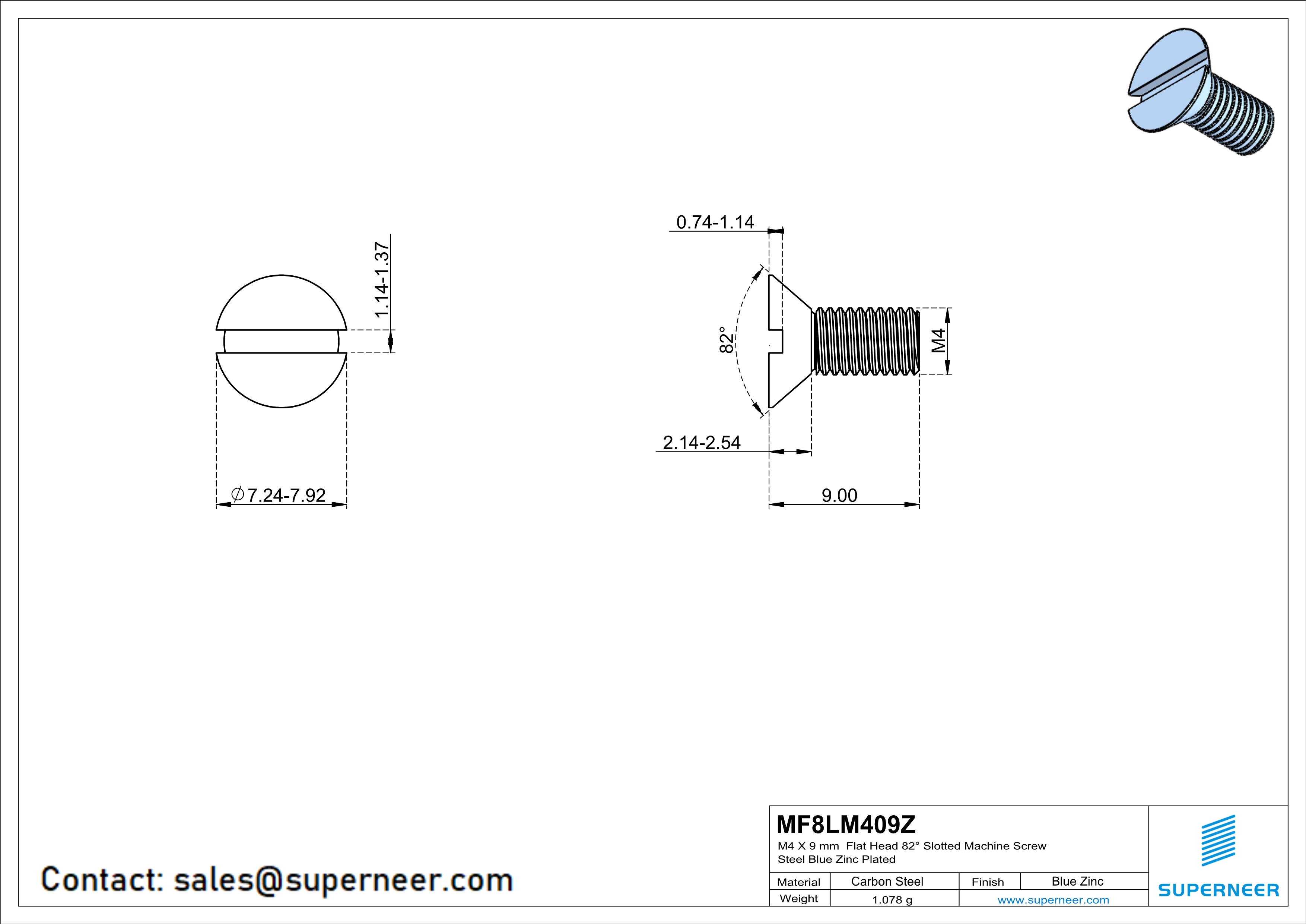 M4 x 9 mm Flat Head 82° Slotted Machine Screw Steel Blue Zinc Plated