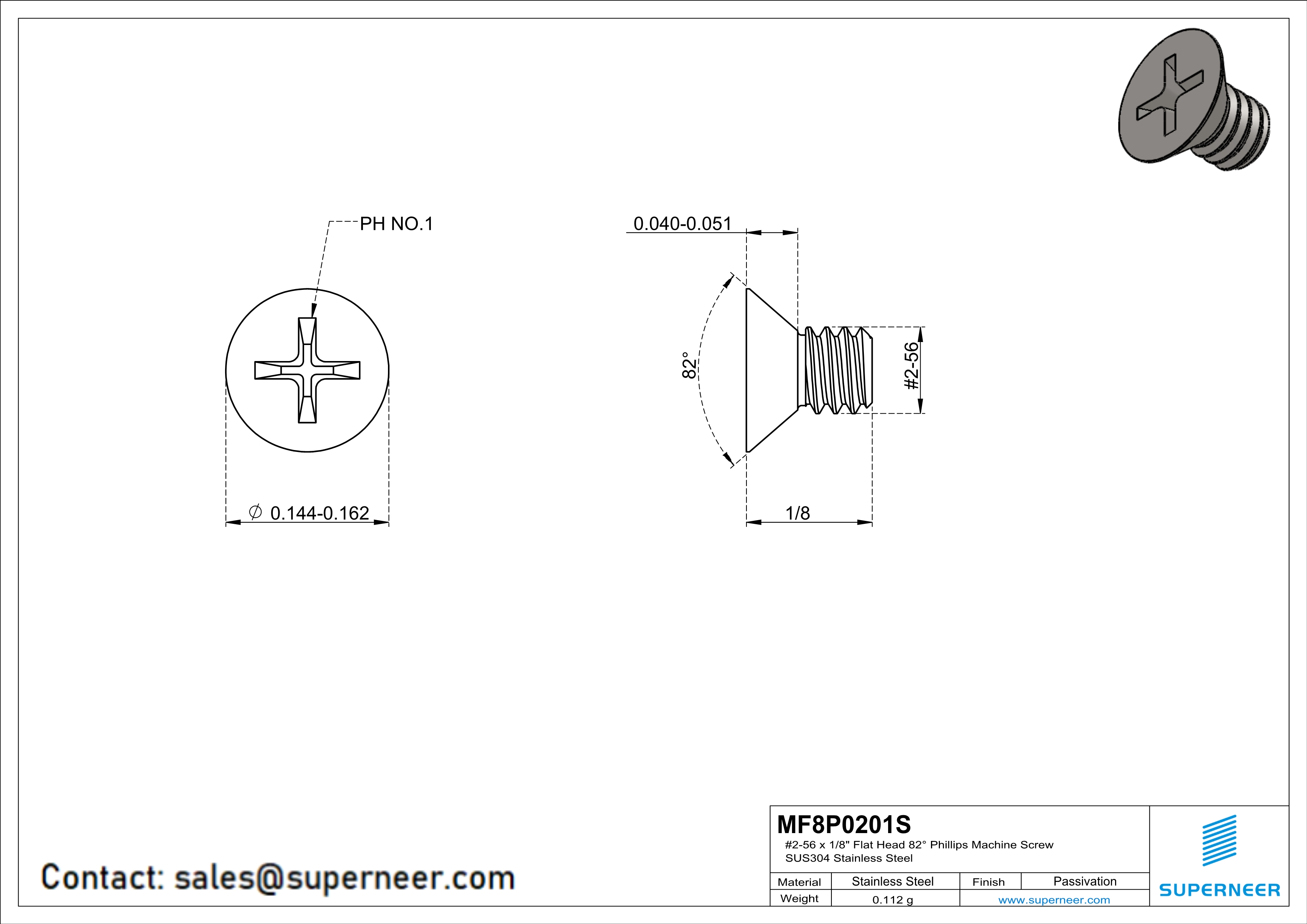 2-56 x 1/8" Flat Head 82° Phillips Machine Screw SUS304 Stainless Steel Inox