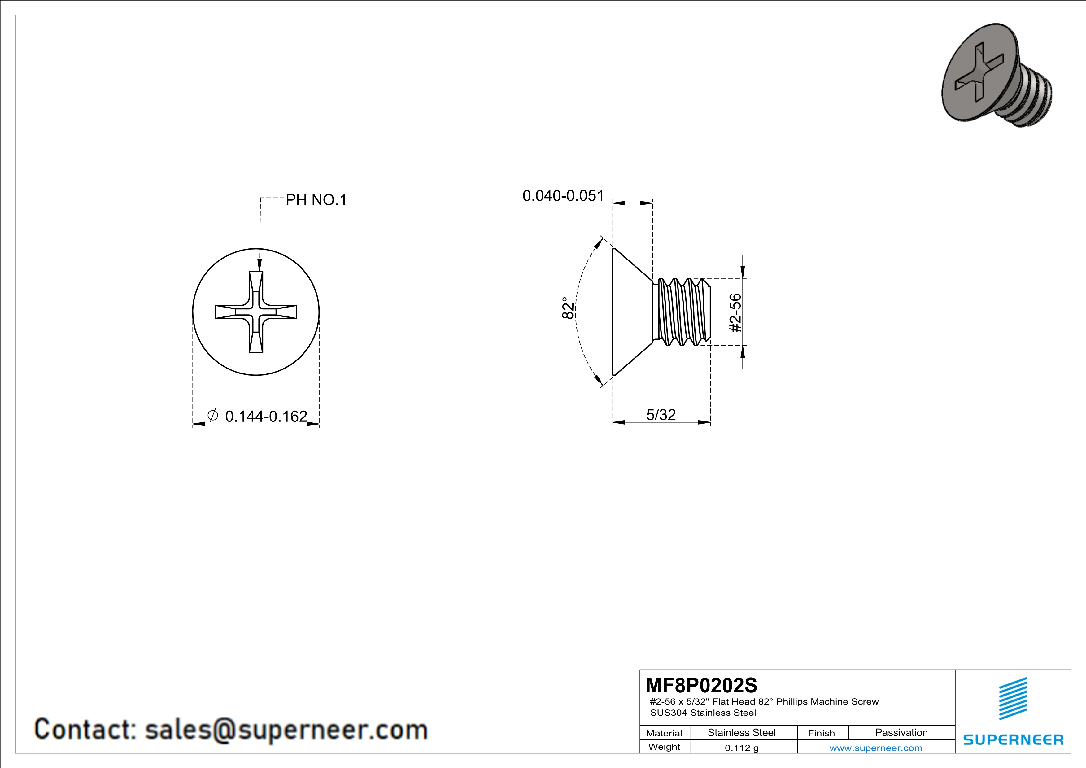 2-56 x 5/32" Flat Head 82° Phillips Machine Screw SUS304 Stainless Steel Inox