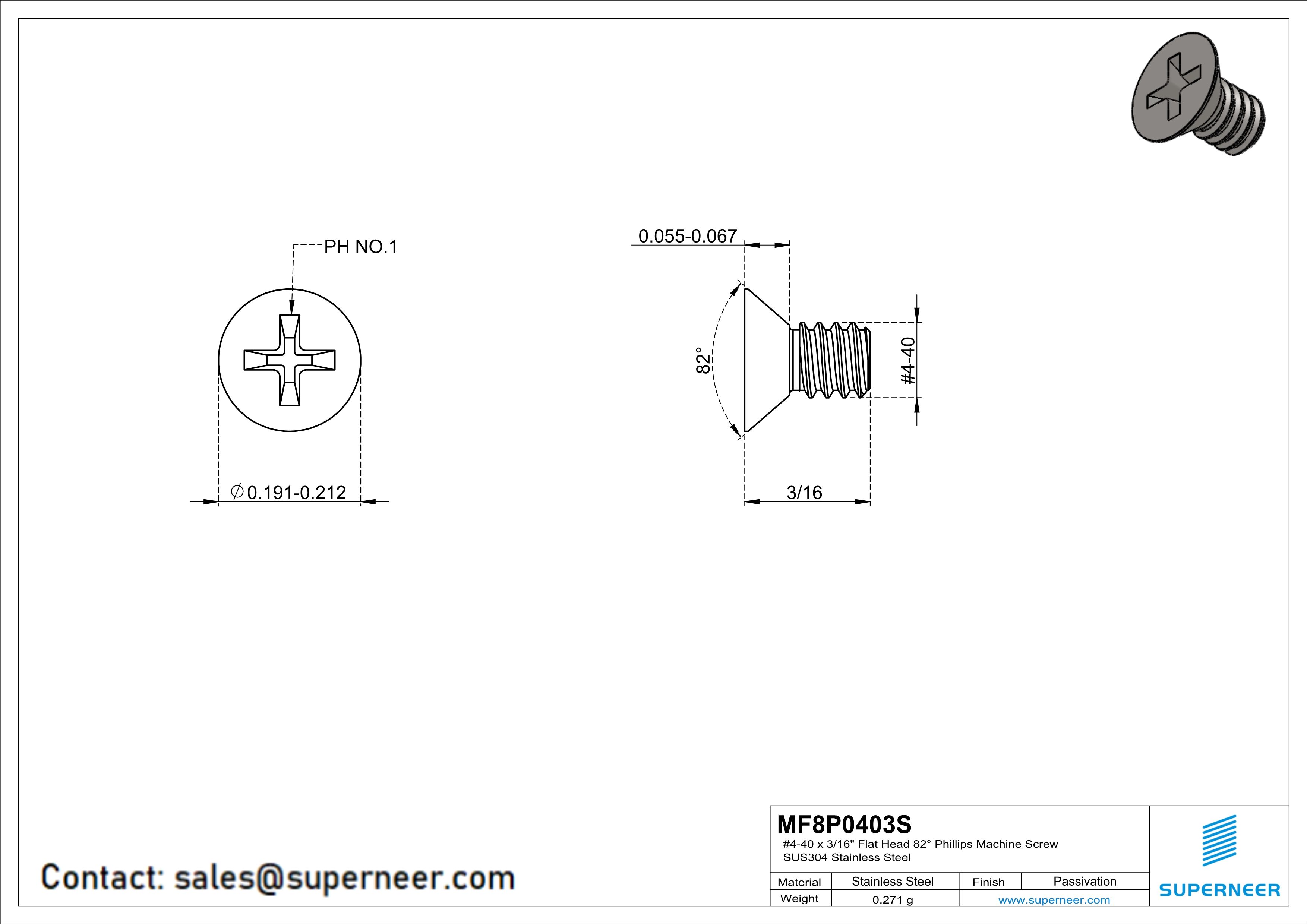 4-40 x 3/16" Flat Head 82° Phillips Machine Screw SUS304 Stainless Steel Inox