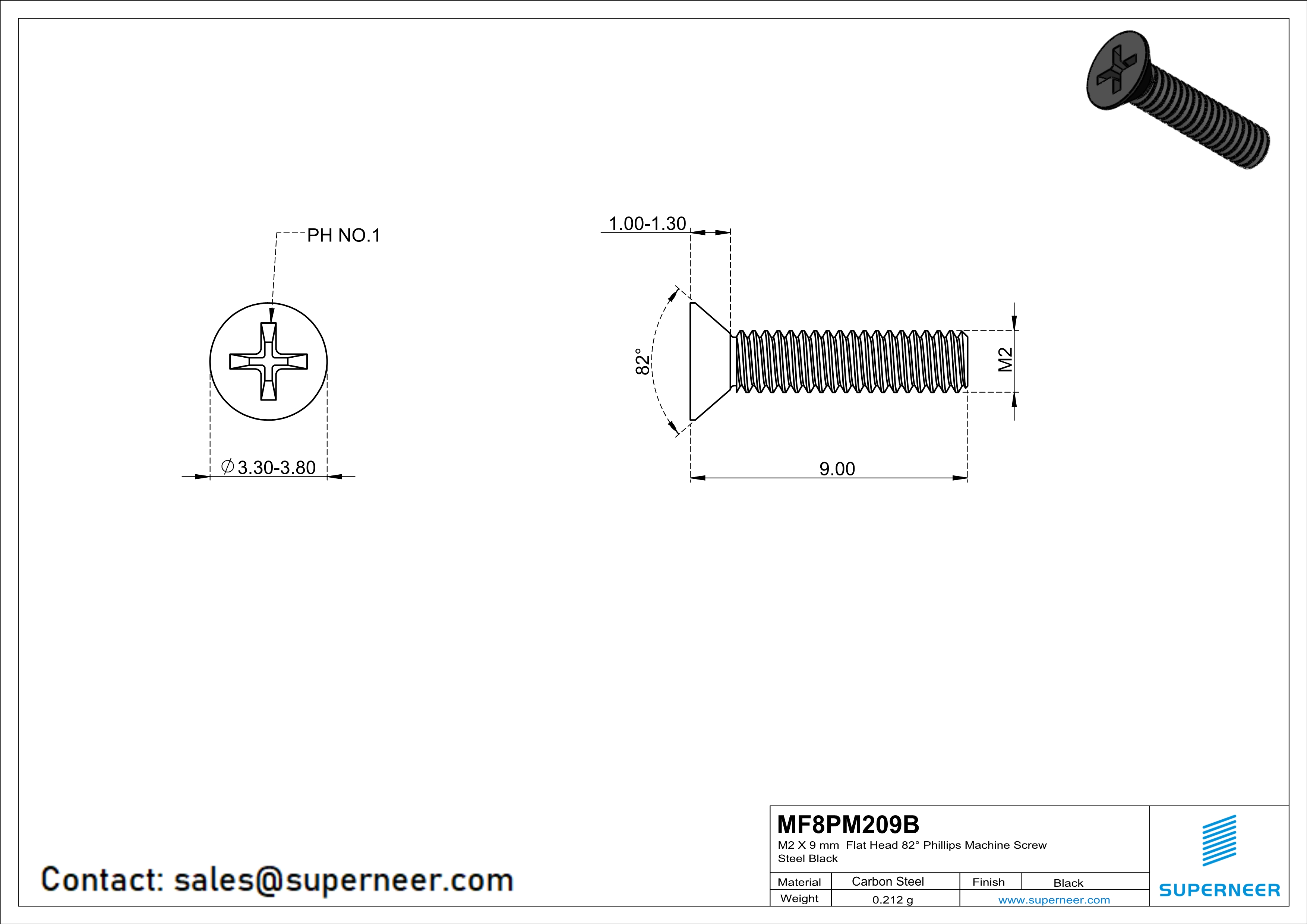 M2 x 9 mm Flat Head 82° Phillips Machine Screw Steel Black
