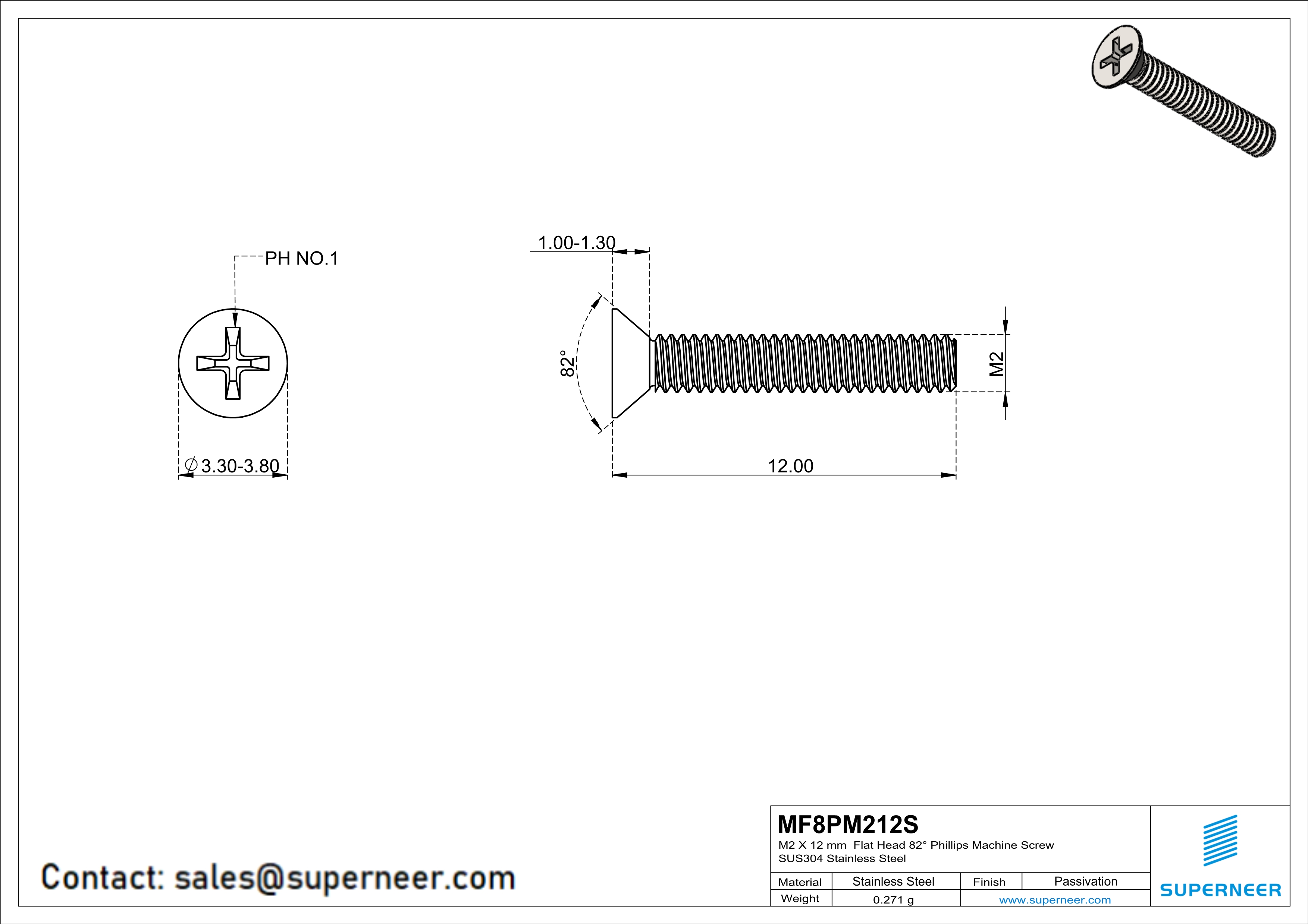 M2 x 12 mm  Flat Head 82° Phillips Machine Screw SUS304 Stainless Steel Inox