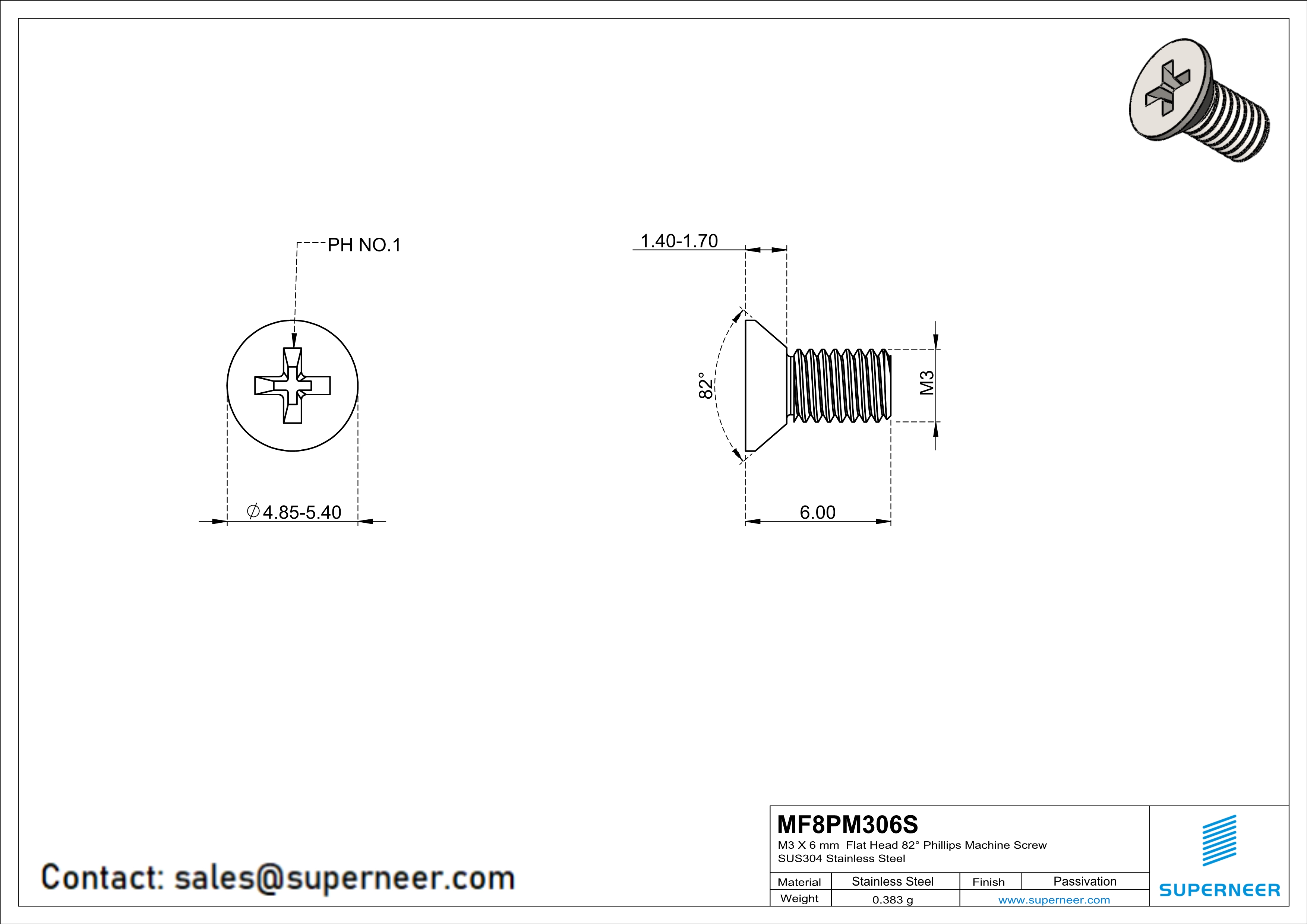 M3 x 6 mm  Flat Head 82° Phillips Machine Screw SUS304 Stainless Steel Inox