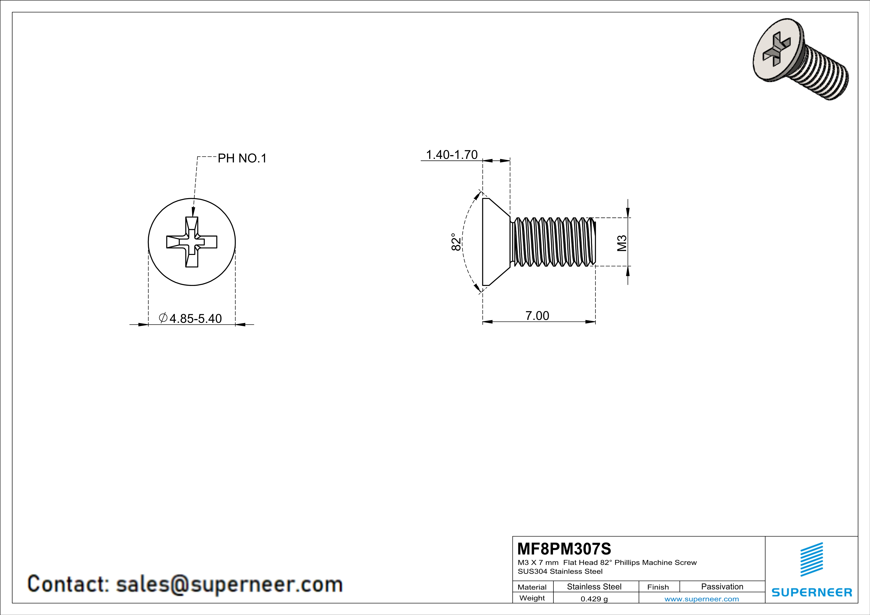M3 x 7 mm  Flat Head 82° Phillips Machine Screw SUS304 Stainless Steel Inox