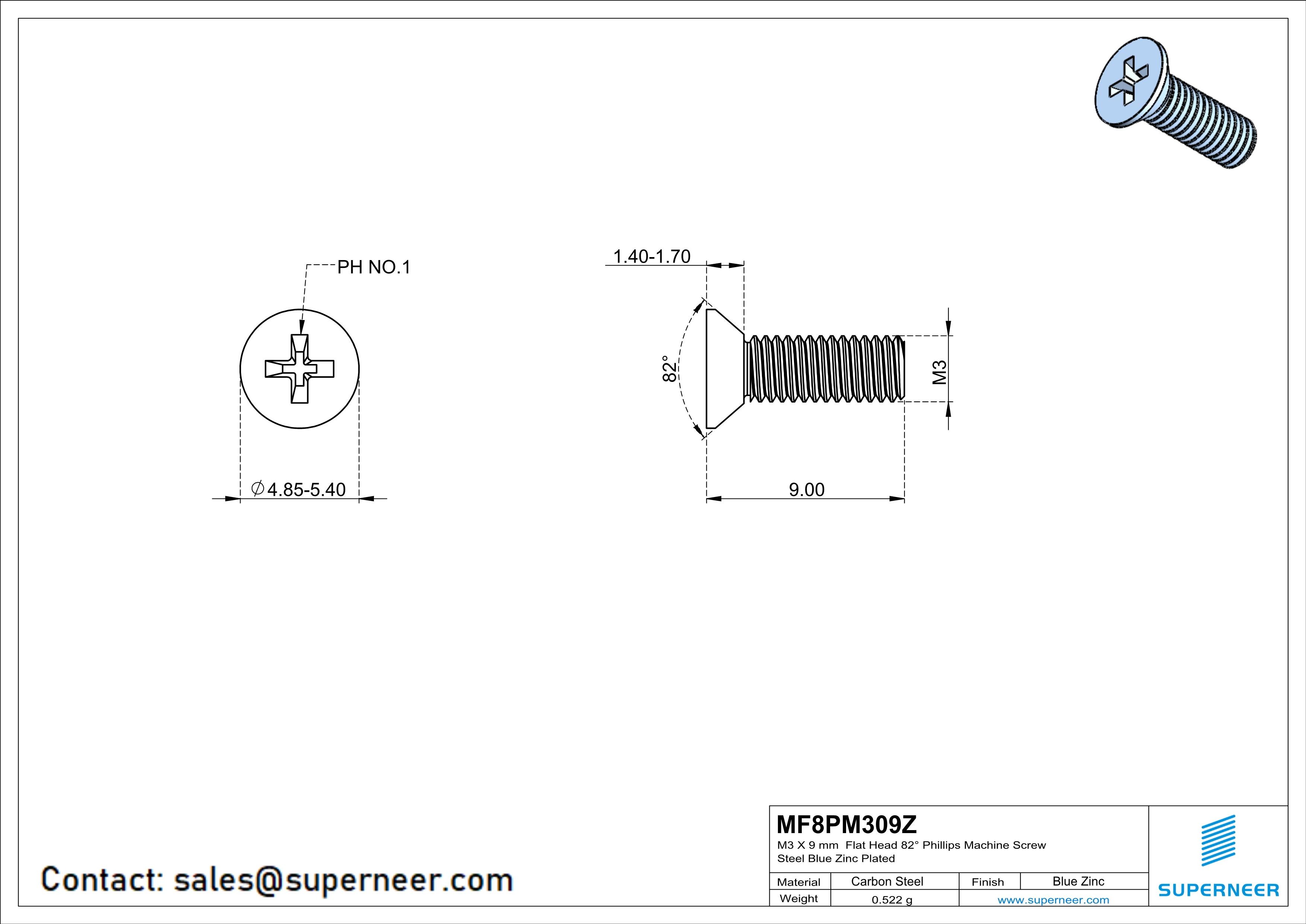 M3 x 9 mm Flat Head 82° Phillips Machine Screw Steel Blue Zinc Plated
