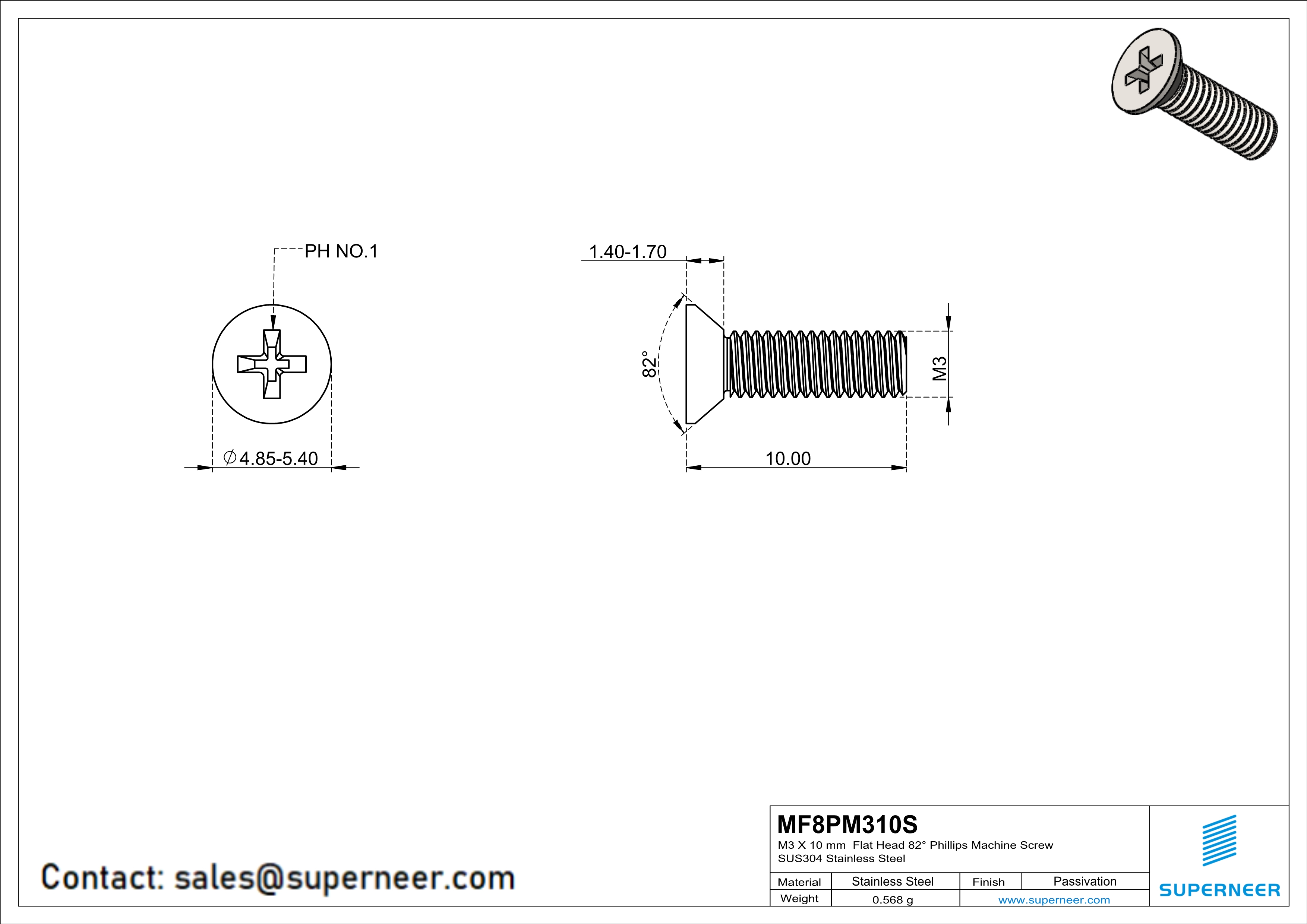 M3 x 10 mm  Flat Head 82° Phillips Machine Screw SUS304 Stainless Steel Inox