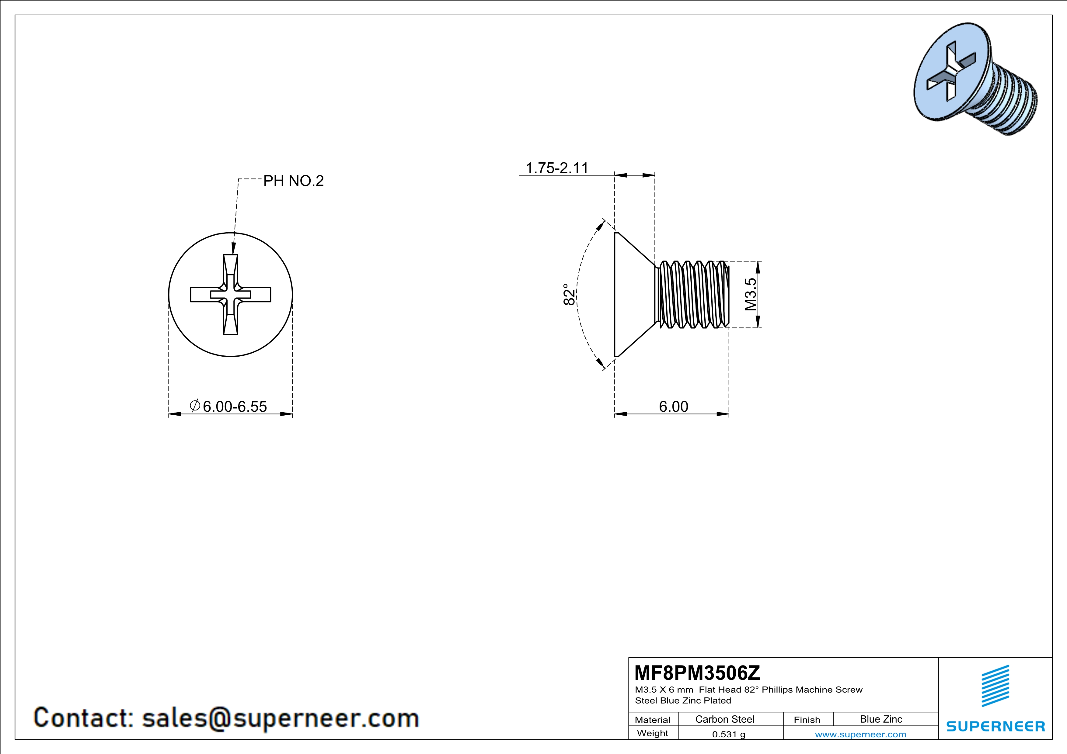 M3.5 x 6 mm Flat Head 82° Phillips Machine Screw Steel Blue Zinc Plated