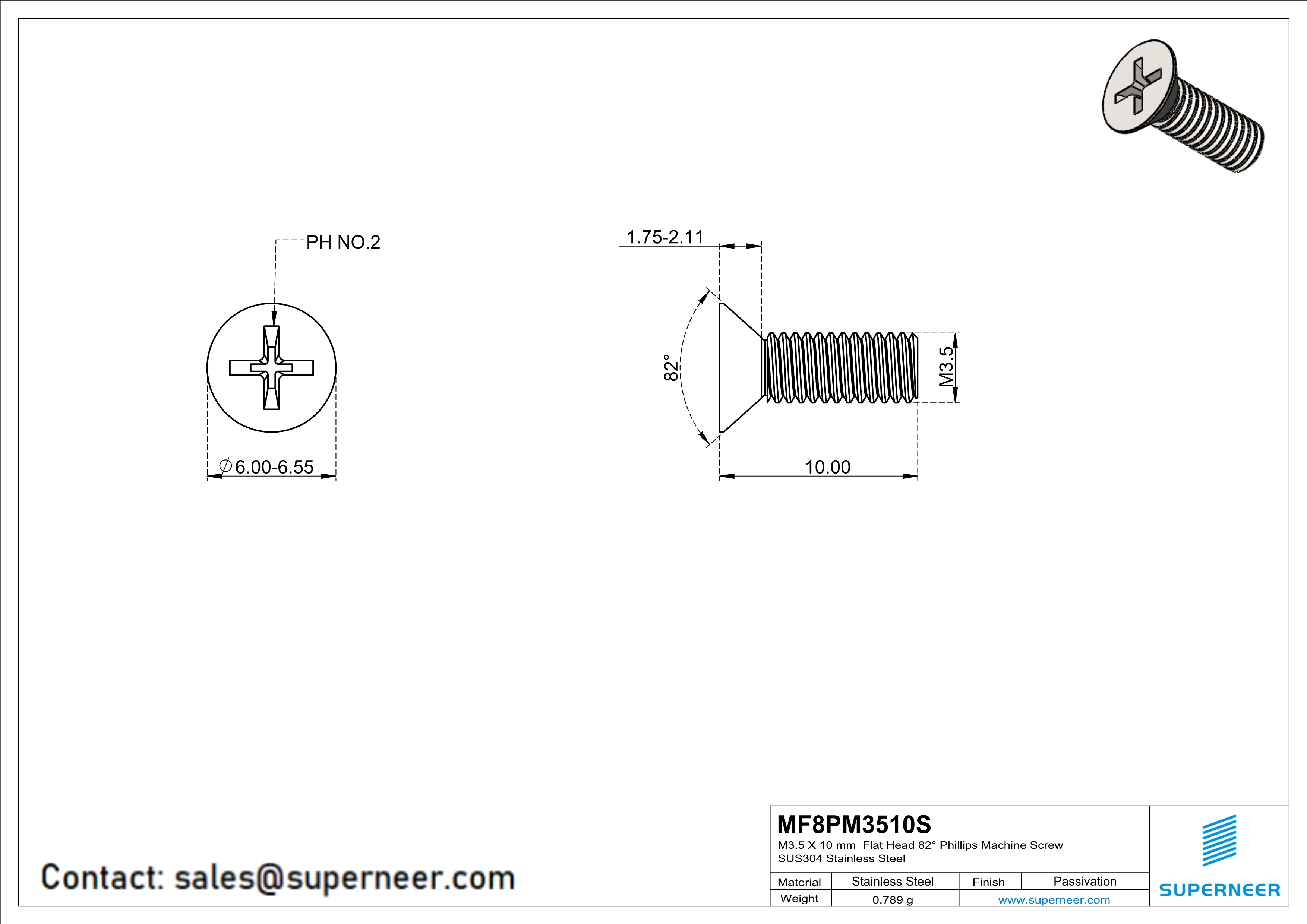 M3.5 x 10 mm  Flat Head 82° Phillips Machine Screw SUS304 Stainless Steel Inox