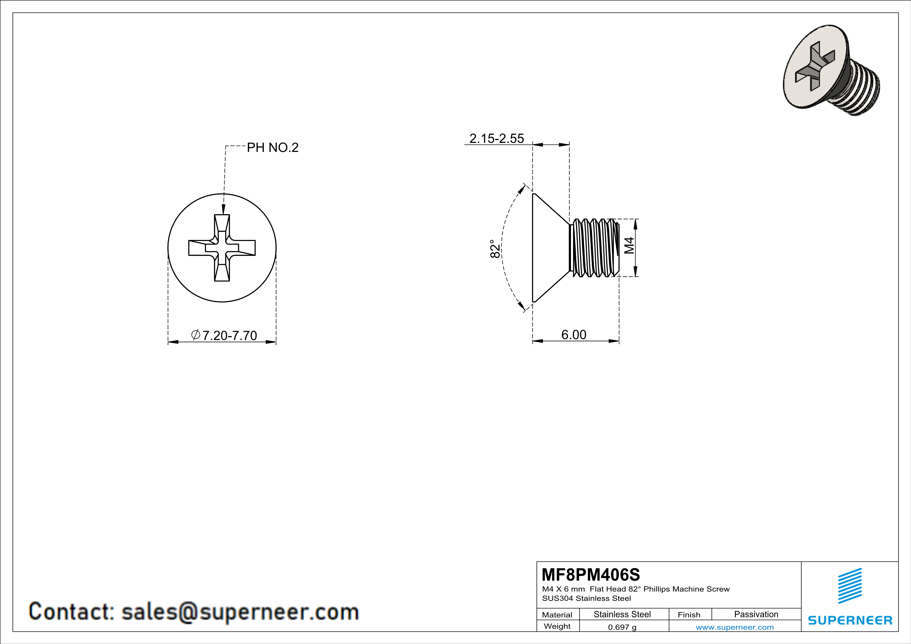 M4 x 6 mm  Flat Head 82° Phillips Machine Screw SUS304 Stainless Steel Inox