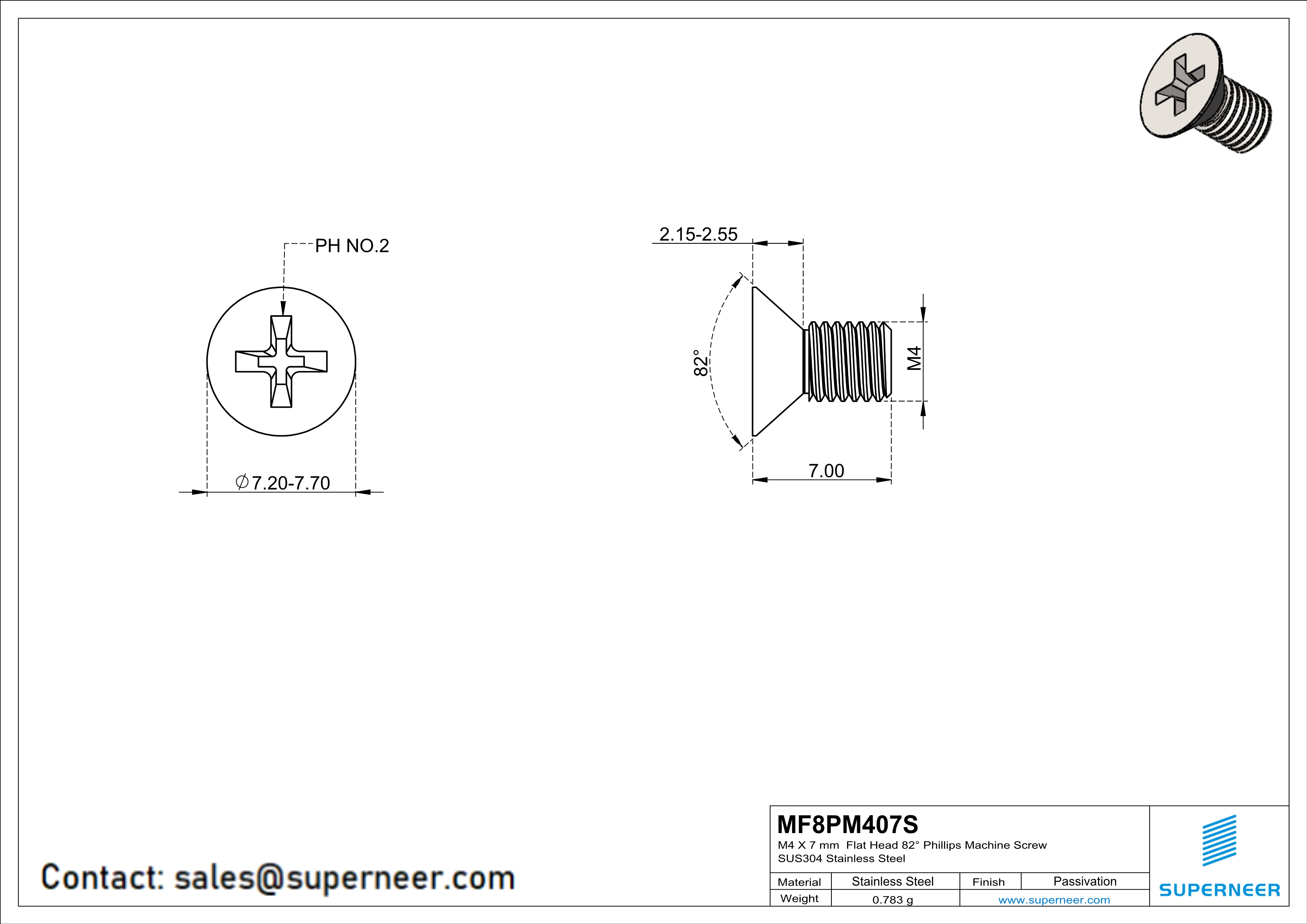 M4 x 7 mm  Flat Head 82° Phillips Machine Screw SUS304 Stainless Steel Inox