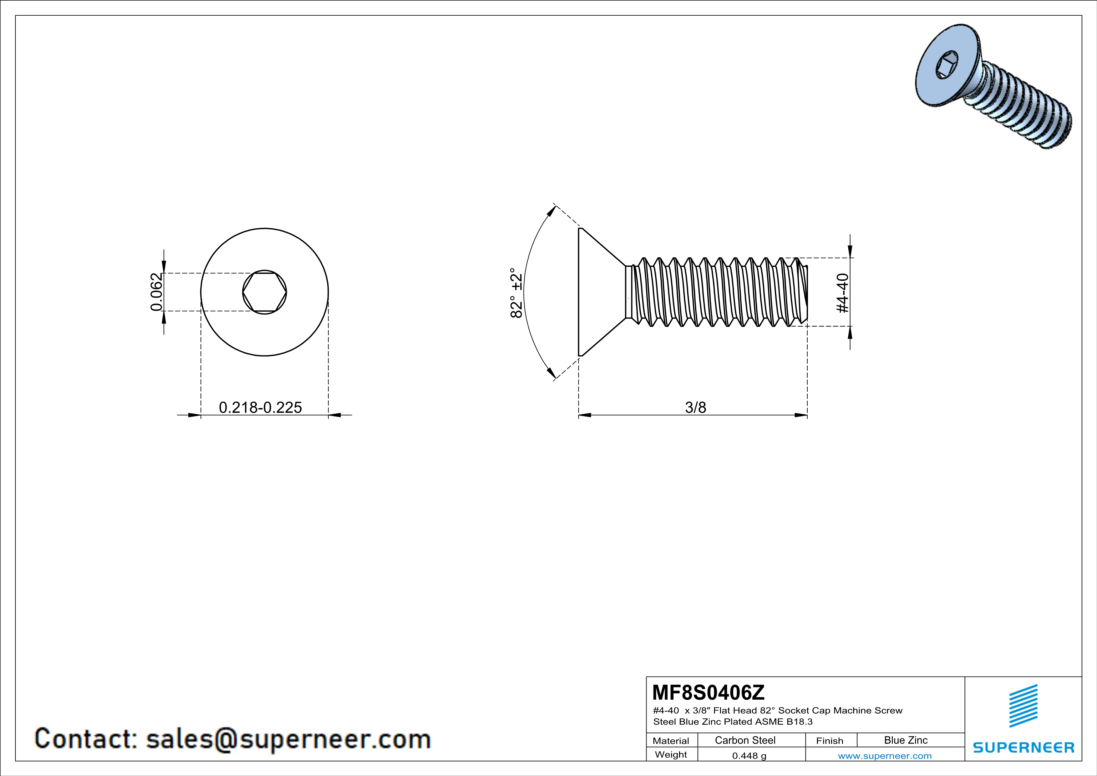 4-40 x 3/8 " Flat Head 82° Socket Cap Machine Screw Steel Blue Zinc Plated ASME B18.3