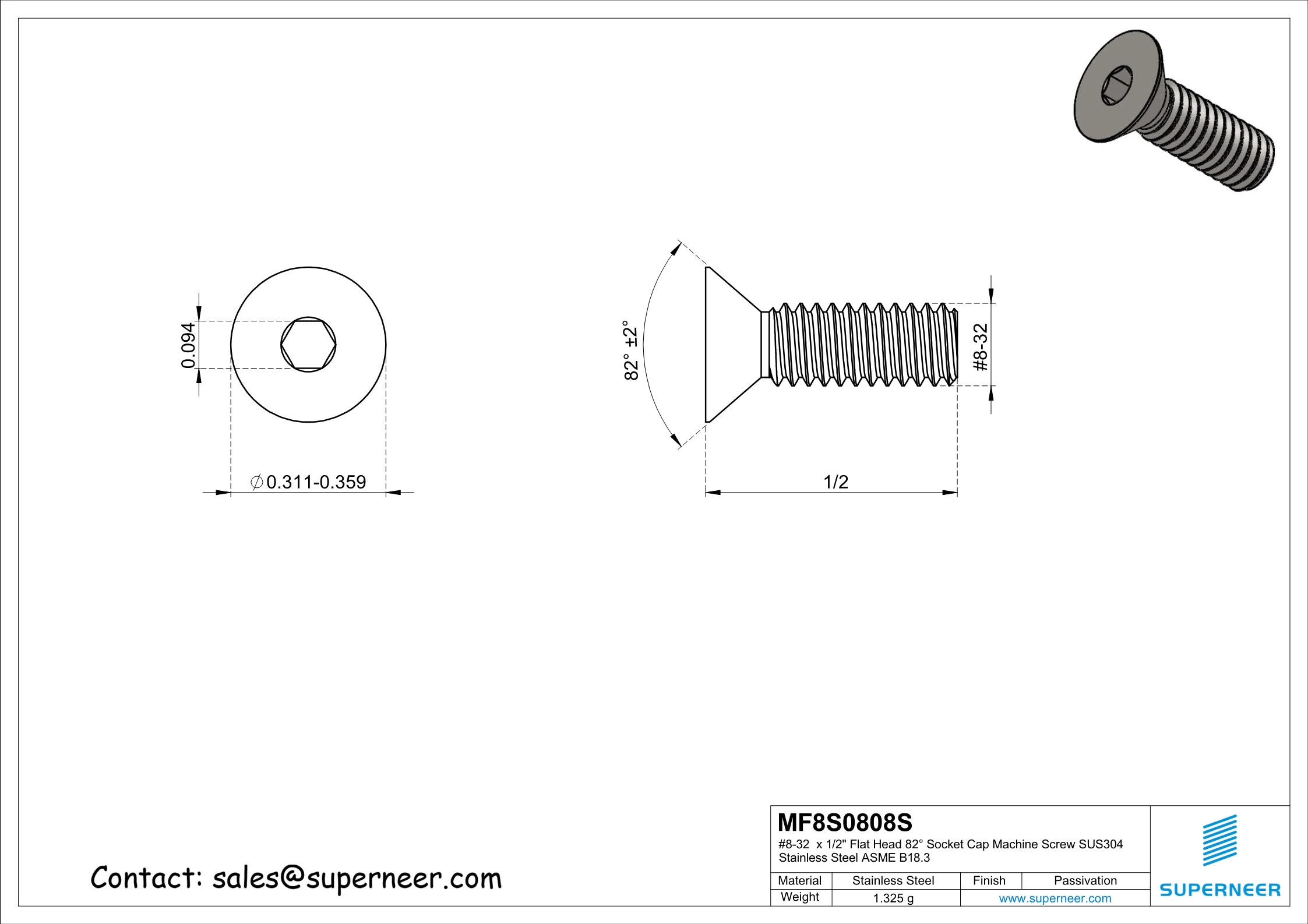 8-32 x 1/2" Flat Head 82° Socket Cap Machine Screw SUS304 Stainless Steel Inox ASME B18.3