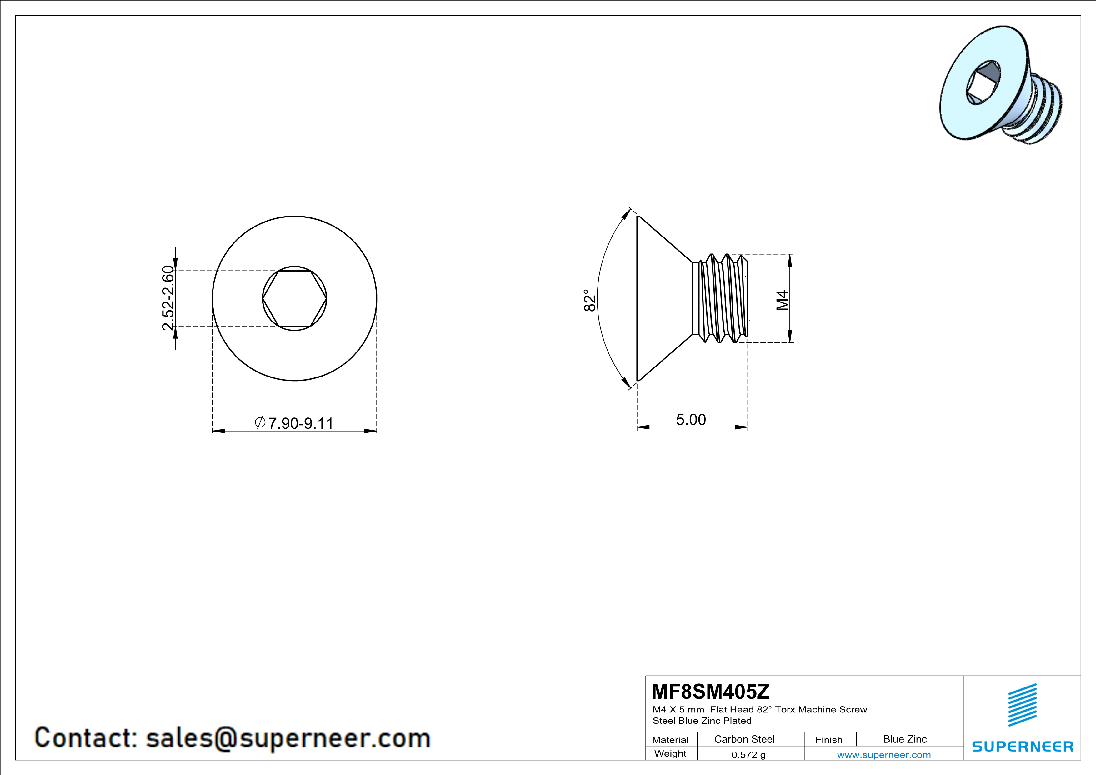 M4 x 4 mm Flat Head 82° Socket Cap Machine Screw Steel Blue Zinc Plated
