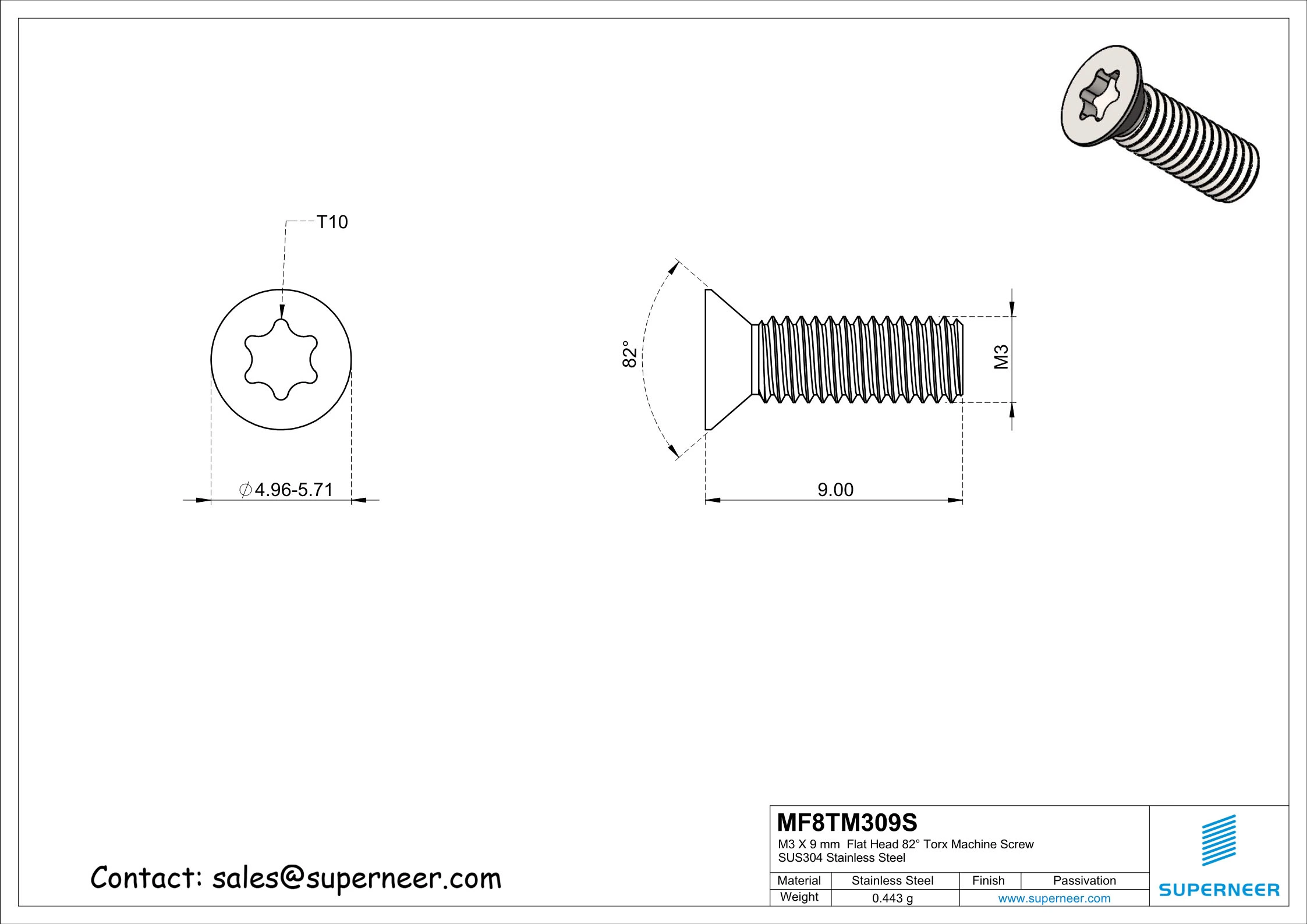 M3 x 9 mm Flat Head 82° Torx Machine Screw SUS304 Stainless Steel Inox