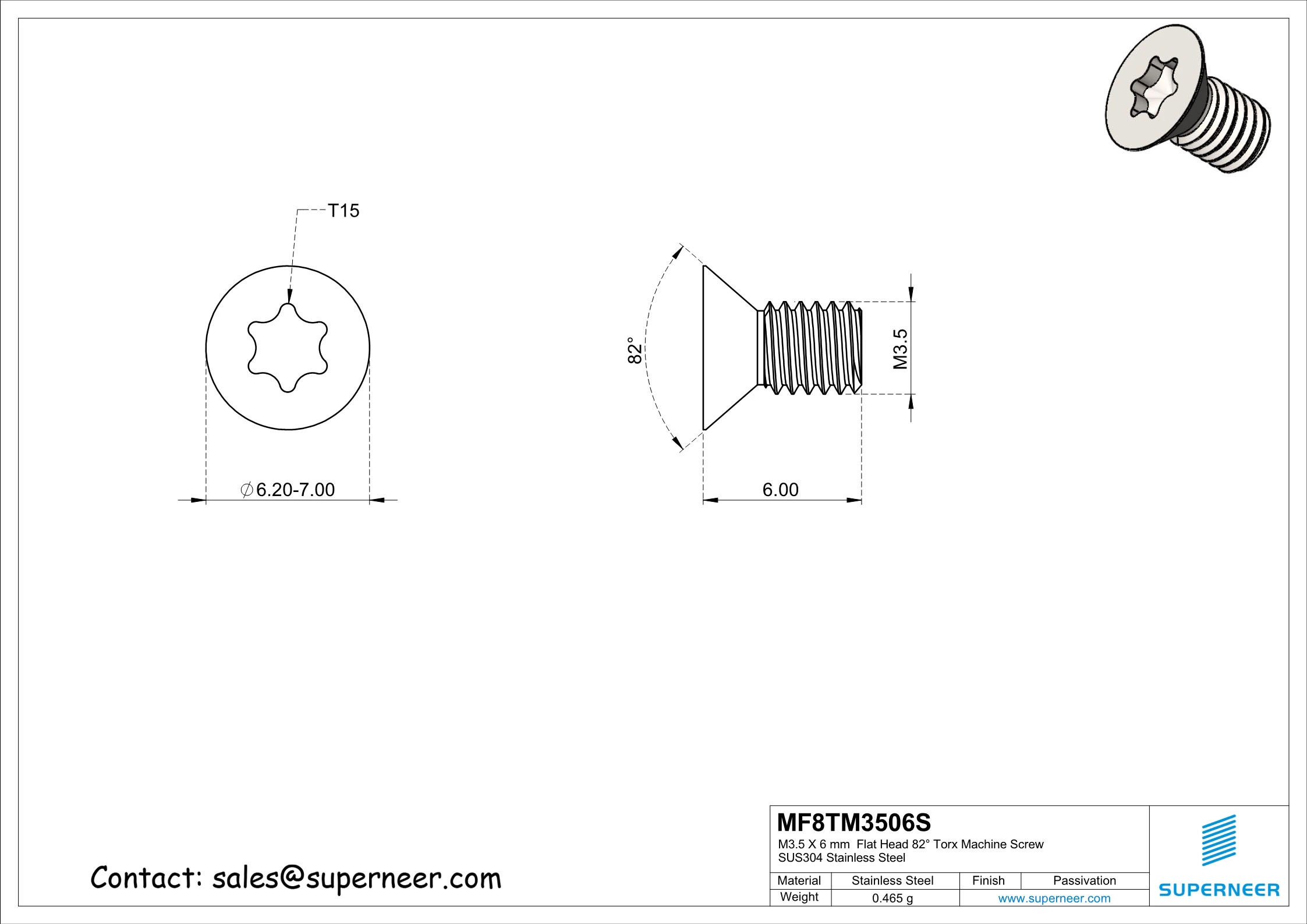 M3.5 x 6 mm Flat Head 82° Torx Machine Screw SUS304 Stainless Steel Inox