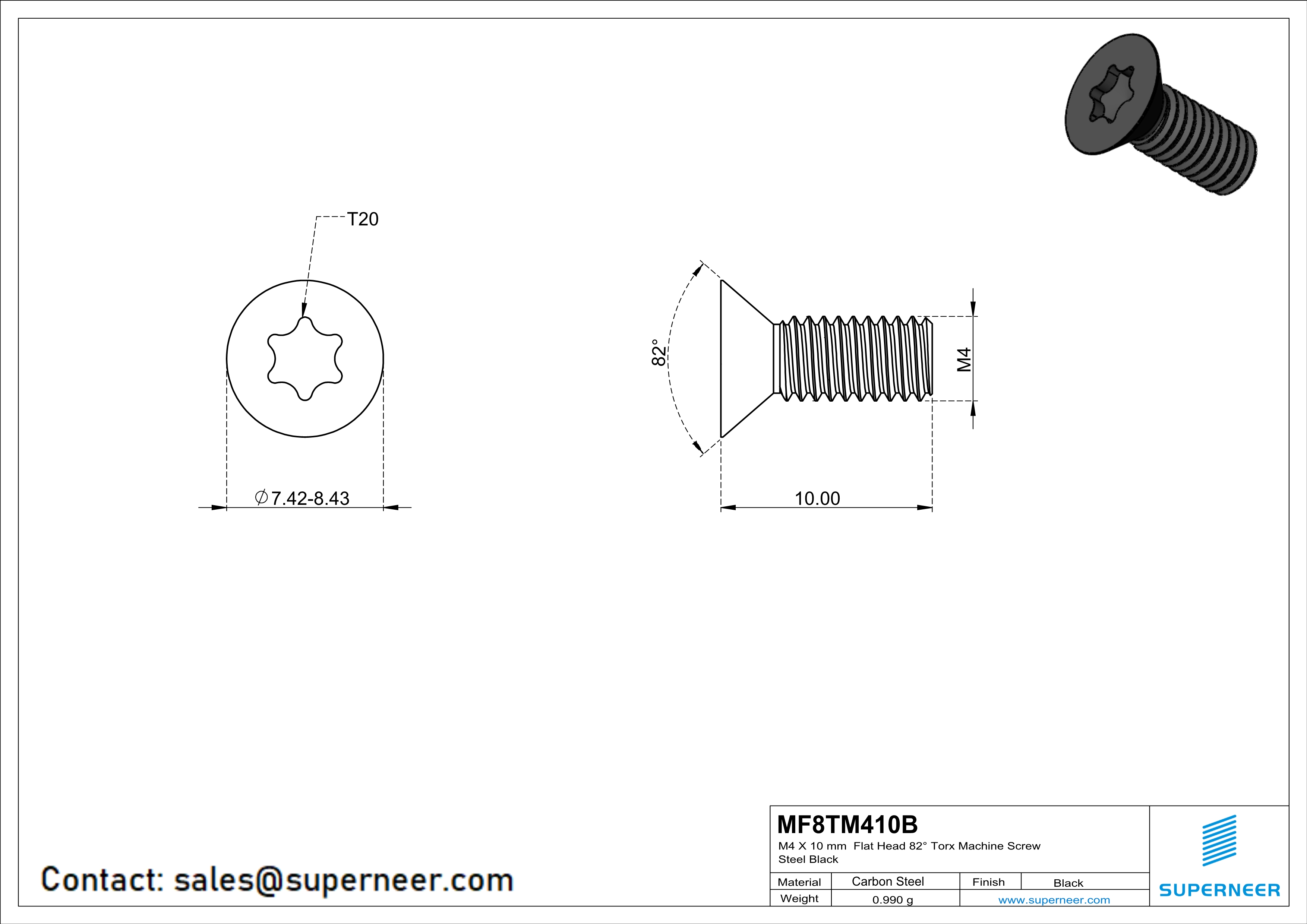M4 x 10 mm Flat Head 82° Torx Machine Screw Steel Black